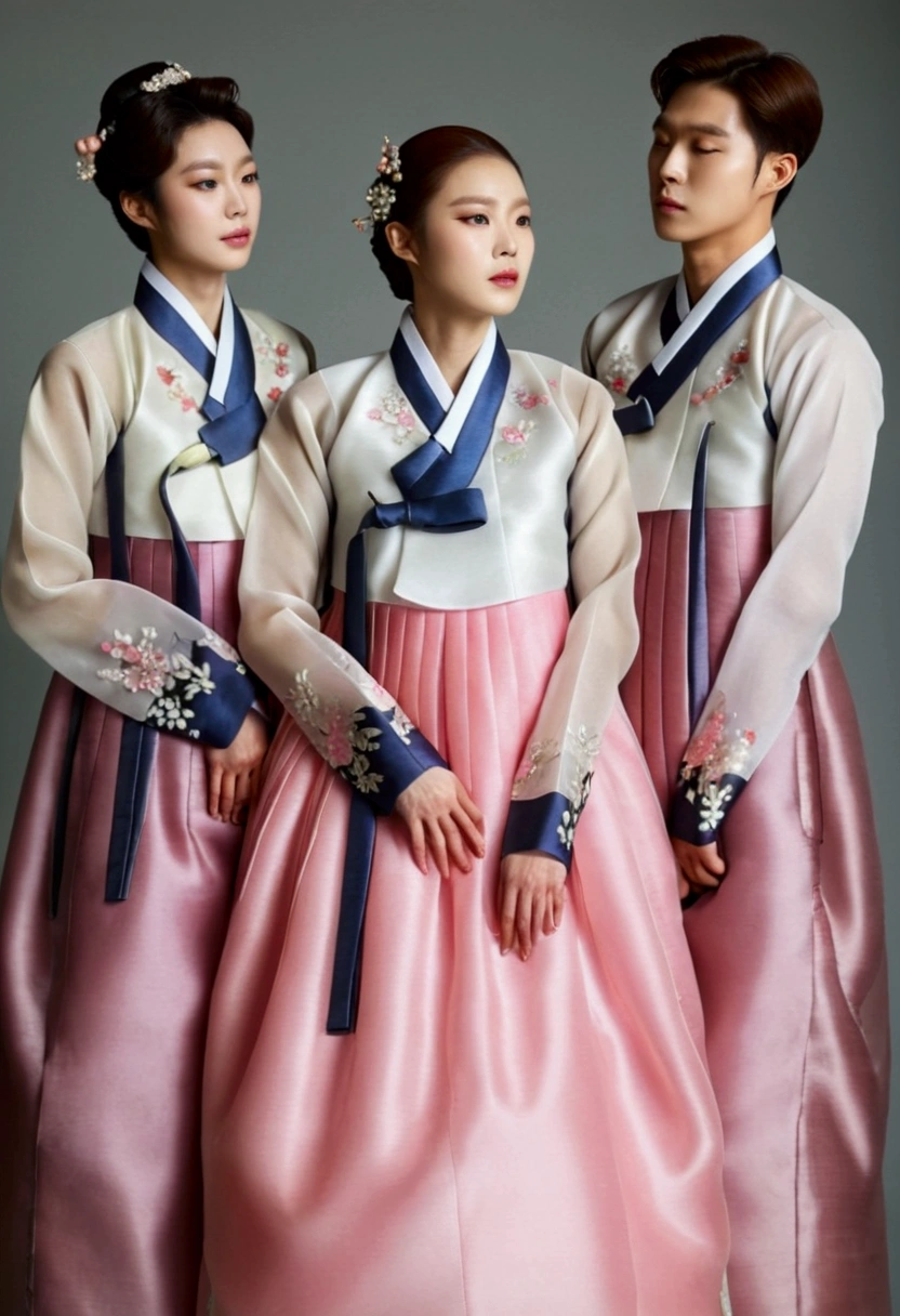 Five Korean men are all wearing the same female hanbok, they are all crossdressers, they are all face and hairstyle are very masculine, silk, Mother of the Bride hanbok Dress Outfit, breasts like a woman, white and pink, slender female body, see-through jacket, satin