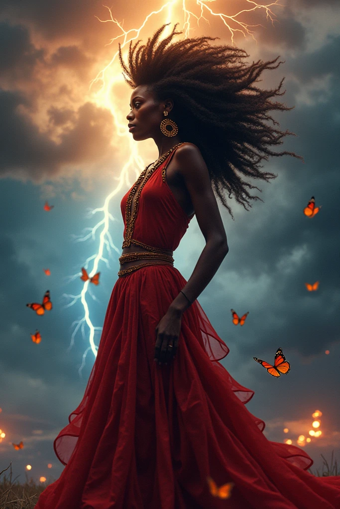   A black woman with dark skin and frizzy hair  .   African Orixá owner of lightning and storm  .   She wears a typical African dress all red  .  In the background,  a sky scene in the midst of a lightning storm and hurricane. There are butterflies flying around her  .