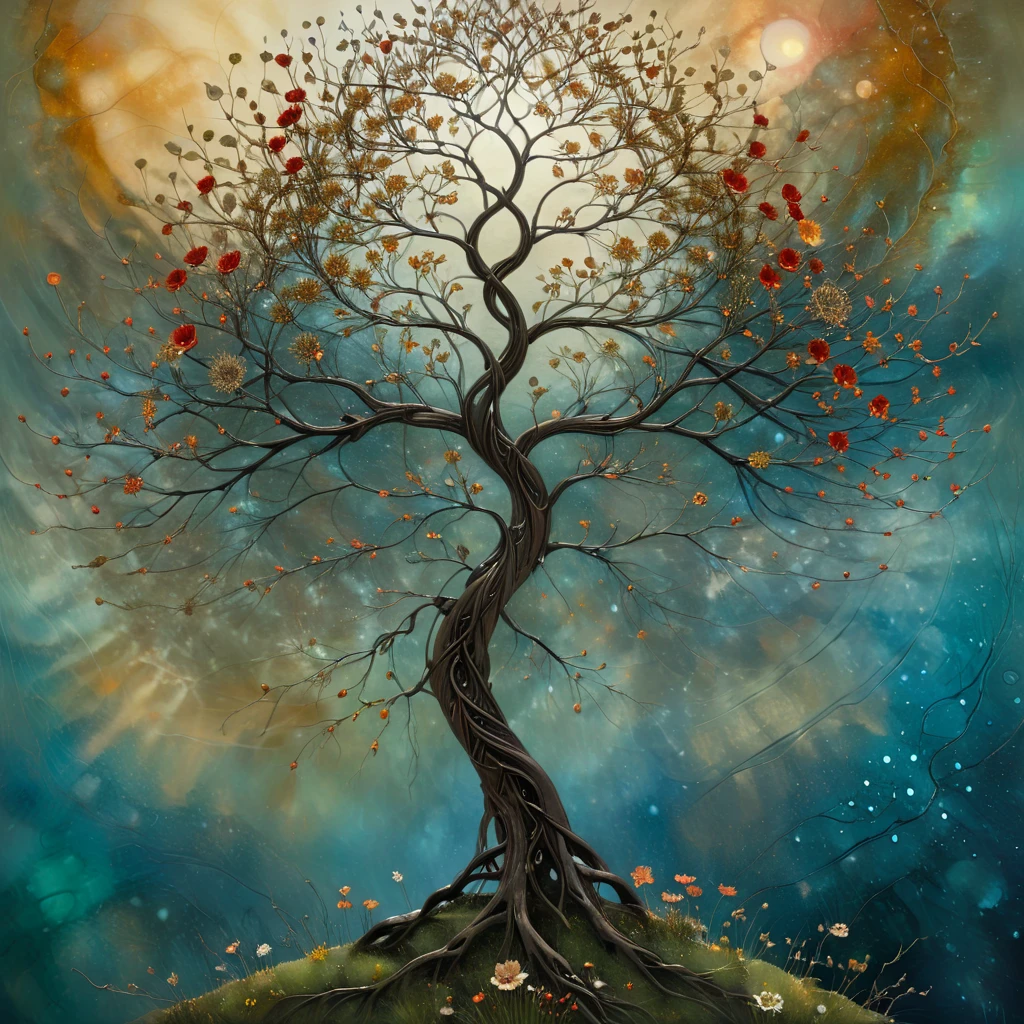 oil and acrylic painting. In the style of Andy Kehoe and Tracy Grimwood, Catrin Welz-Stein, Klimt. yggdrasill tree is a woman (breasts naked) on a tuff promontory opalecent . The tree's trunk is twisted, cracked, its branches are of transparent blown glass expanding toward the sky in ellipses , its large roots are of rusty metal and sink into the ground. Dandelion flowers, poppies, swamp flowers, cherry blossoms, peach blossoms bloom. Sun disc-shaped polychrome buds with marbled spirals, sun rays like strands of coral. Warm colors, ochre yellows, browns, shades of blue, reds .
