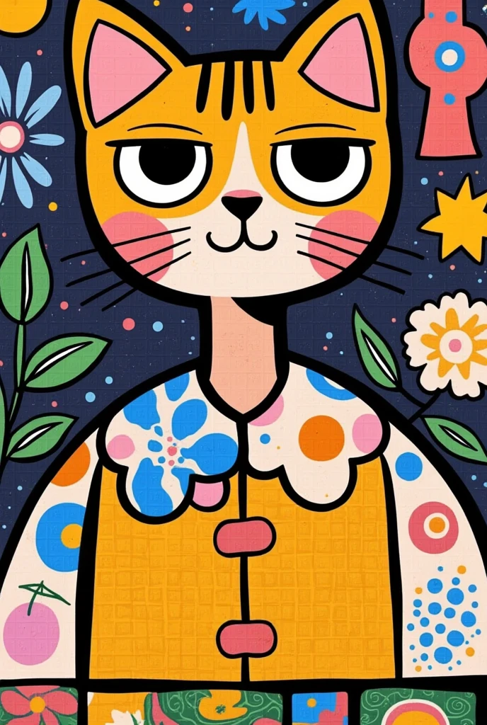 pretty illustration of cat, bright rustic palette, in the style of bold block prints, alice pattullo, Laurie hastings, claire halifax, soft, fauvist color explosions, miniature and small, paintings, stenciled iconography