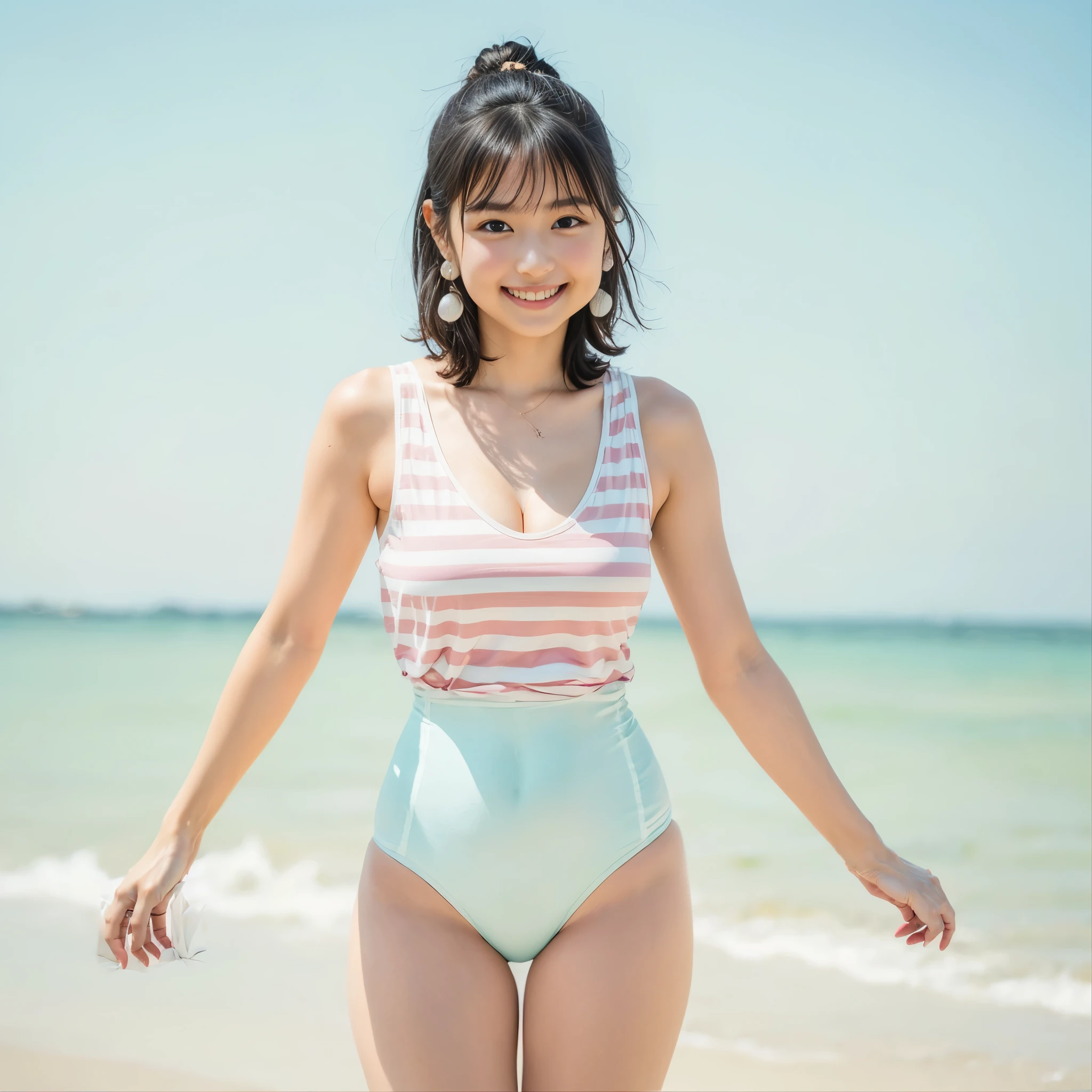 ((Highest quality))、((masterpiece))、((detailed))、((come out))、((standing full body figure))、（front）、Small breasts、Pink polka dot tank top bikini swimsuit、To the tips of your fingers and toes 、Japanese、18 years old、smile、1 pretty girl, sexy、Brown haired woman、Sandy beach at the edge of the waveodel pose on the beach）