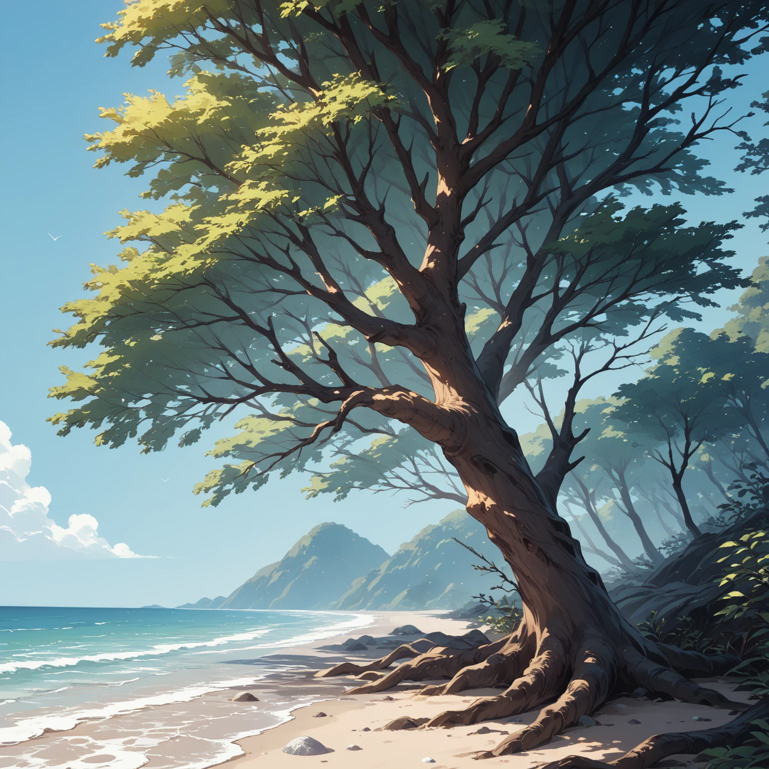 Beach, high altitude, fallen thick tree trunks, branches.Japanese animation style