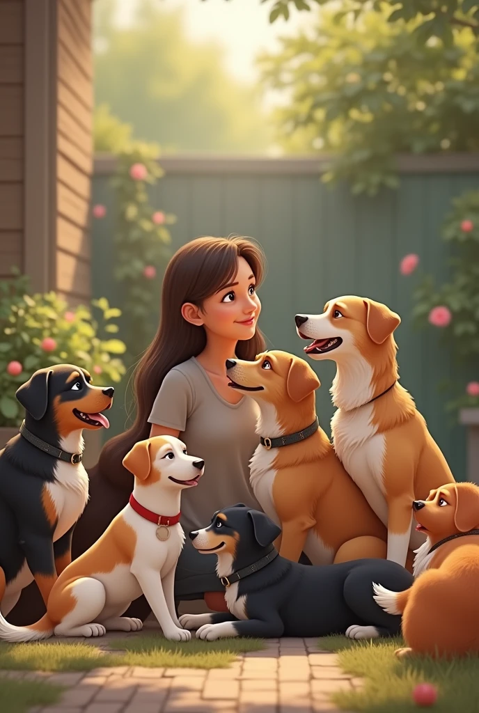 Estilo Pixar:mulher morena, cabelos longos ondulado escuro, Dark Brown Eyes Hugging Catsce Dogs.