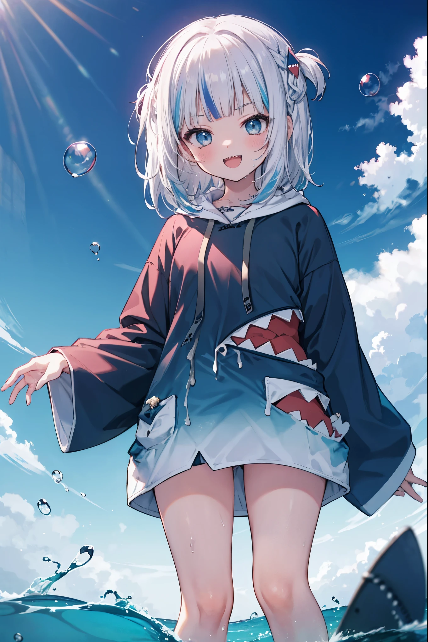 score_9, score_8_up, score_7_up, high resolution, masterpiece, high quality, best quality, highly detailed, rating questionable, detailed background,   <lora:guraXL:1> gura_casual, cat ears, blue dress, white shirt, side ponytail, cube hair ornament, shoulder bag, shark tail, blue nails,  <lora:Forastero_Lora__Style__Pony_XL:1> forastero