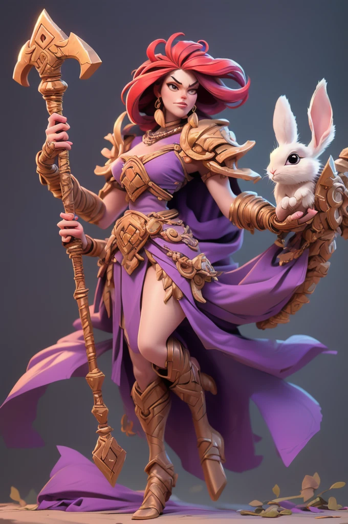 female rabbit, short stature, very long red hair, braids, wide hips, long flowing dress, chains, jewelery, long purple cloak, shoulder armor, large axe, tall boots, full body shot, jumping