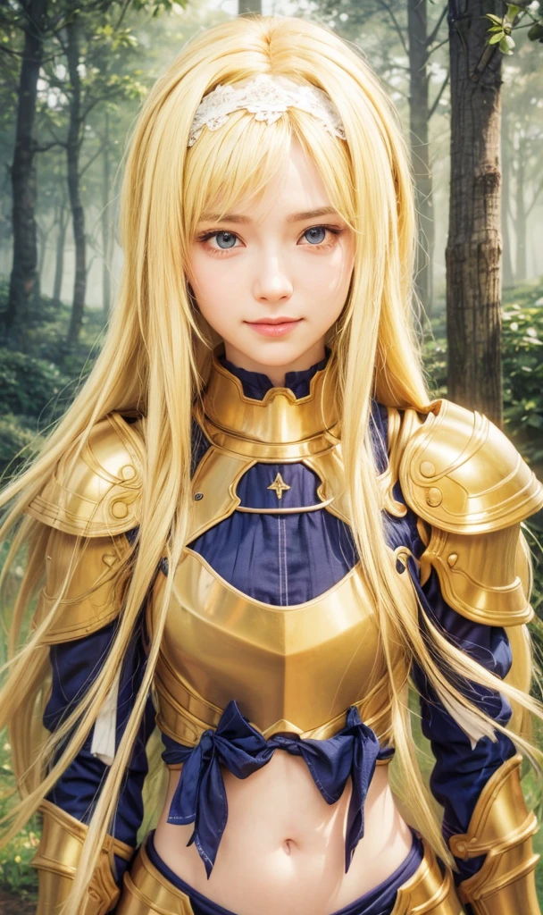 masterpiece, best quality, (realistic,photo-realistic:1.4), (RAW photo:1.2), extremely detailed CG unity 8k wallpaper, delicate and beautiful, amazing,finely detail, official art, absurdres, incredibly absurdres, huge filesize, ultra-detailed,extremely detailed eyes and face,light on face,yuuki asuna,(little smile),(blonde hair:1.4),(long hair:1.4),(wearing torn dress:1.5),nature background,(medium breast:1.3),golden armor