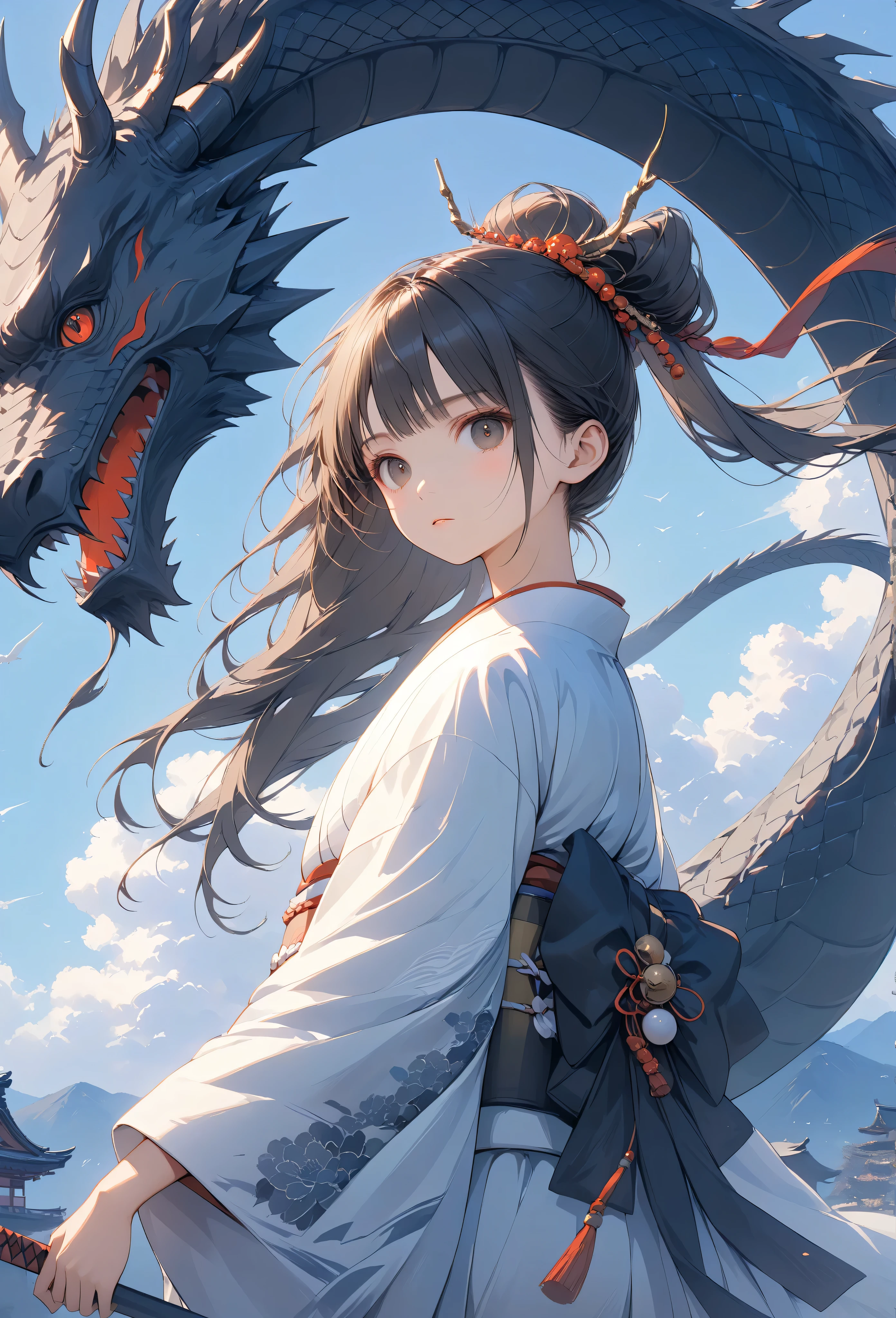 Masterpiece, high quality, high resolution, 16K, highly detailed background, digital painting, unreal engine, Makoto Shinkai illustration, hyperrealistic, fantasy, petite girl in kimono, long eyelashes, beautiful face, clean skin, full body, red ponytail, Black eyes, white Kimono, dragon pattern on cheeks, ancient black giant dragon in fine detail, threatening, protecting behind girl, on cliff, cinematic angle