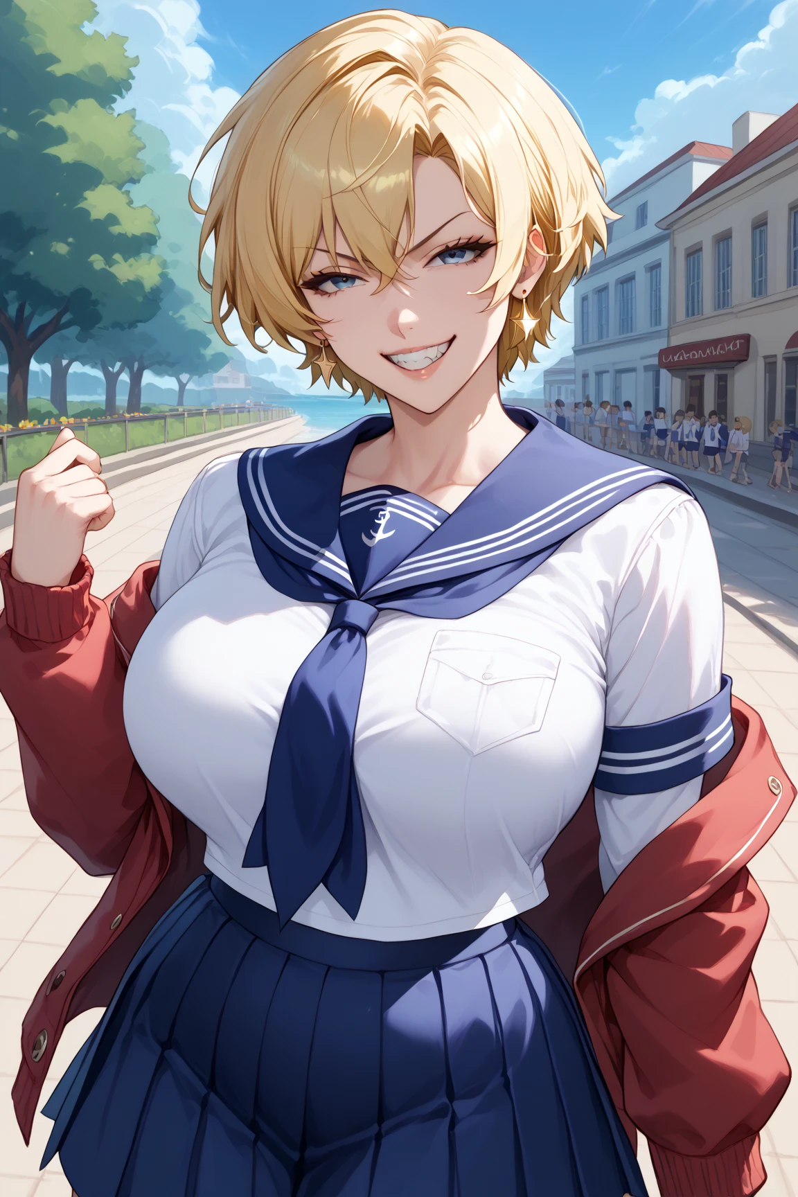 Kamikaze, short hair, blonde hair, brown eyes, arms behind back, leaning forward,
park, outdoors, smile,
(insanely detailed, beautiful detailed face, masterpiece, best quality) solo, <lora:KamikazeOuka:0.7>