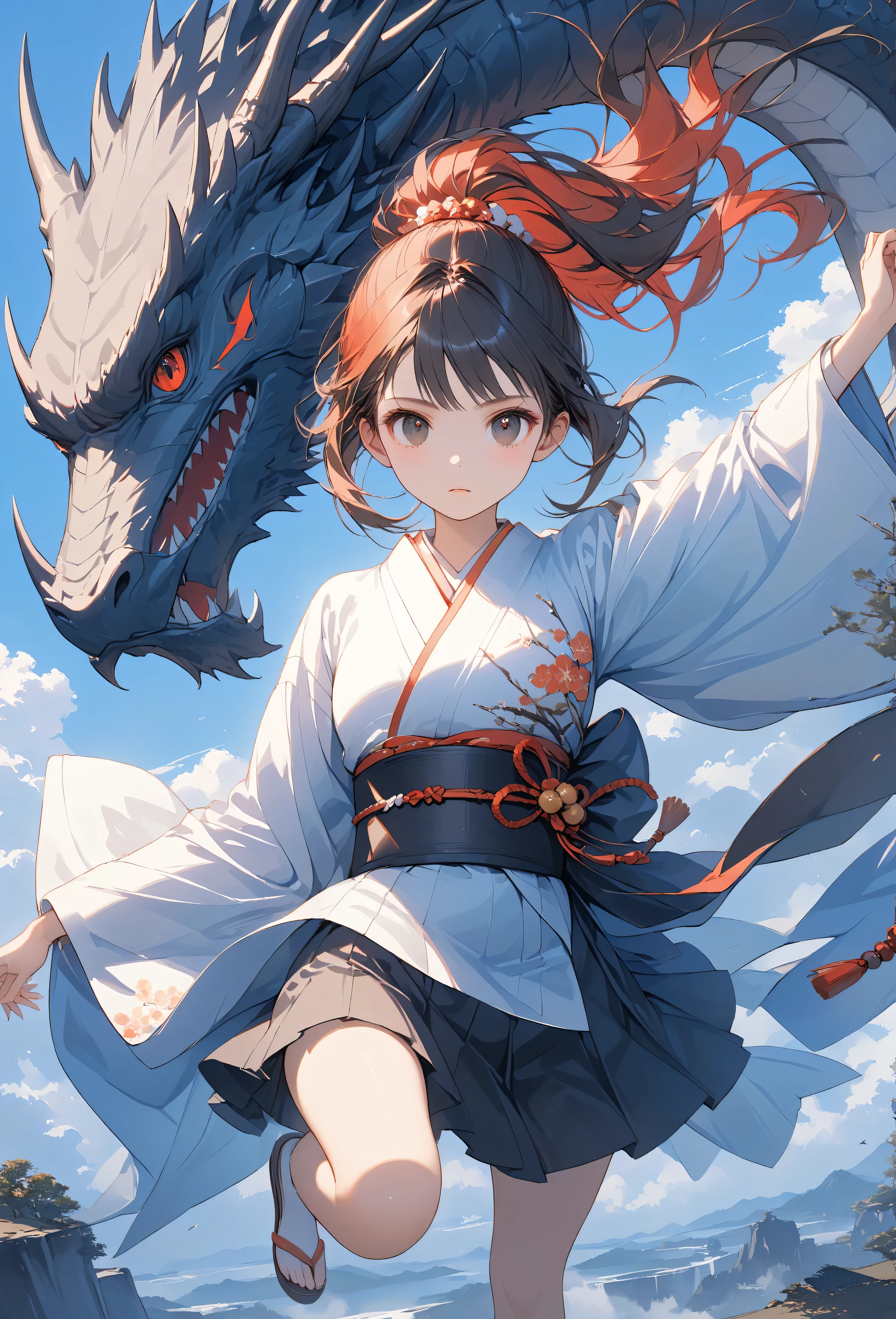 Masterpiece, high quality, high resolution, 16K, highly detailed background, digital painting, unreal engine, Makoto Shinkai illustration, hyperrealistic, fantasy, petite girl in kimono, long eyelashes, beautiful face, clean skin, full body, red ponytail, Black eyes, white Kimono, dragon pattern on cheeks, ancient black giant dragon in fine detail, threatening, protecting behind girl, on cliff, cinematic angle