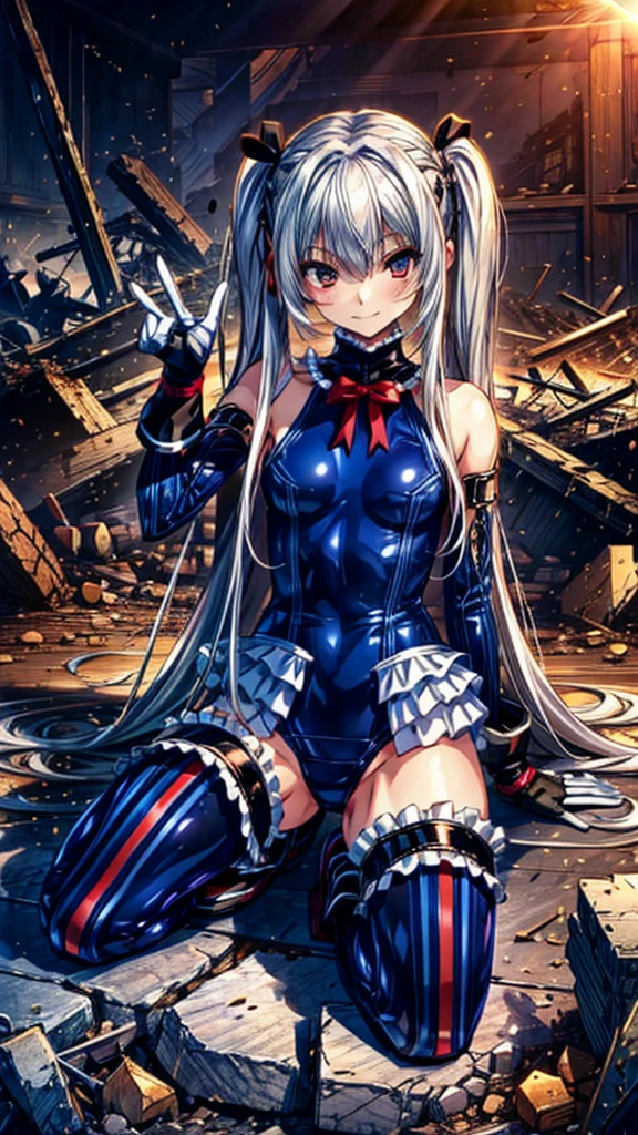   perfect anatomy ,  top quality, Marie Rose, Evil Smiles ,Provocative attitude
,(The girls are on a pile of rubble:1.1), Evil Smiles , anime style,(Frilled swimsuit,  knee-high, Sleeveless), ( anime style:1.4) ,
 Silver Hair,(White Fingers:1.1, Black Gloves ), Very Long Hair , Evil Aura ,