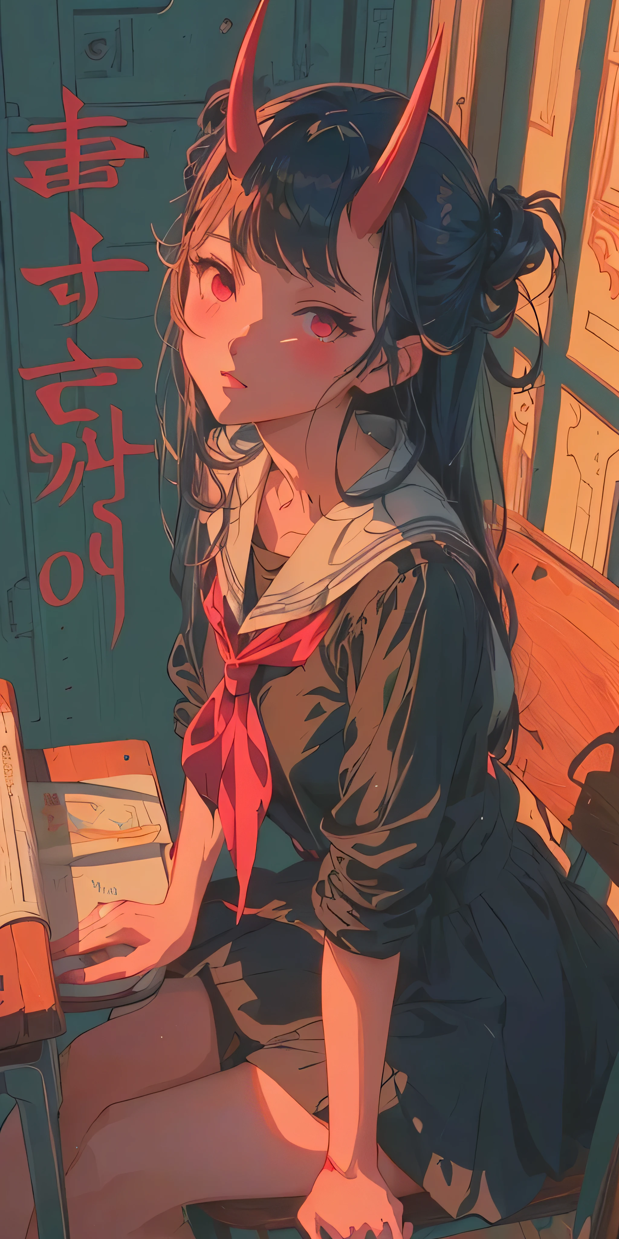 a woman sitting at a table with a book and a demon's head, artwork in the style of guweiz, anime aesthetic, anime style illustration, beautiful anime art style, anime styled digital art, clean detailed anime art, beautiful anime style, in an anime style, anime style artwork, guweiz, in anime style, anime style art, anime vibes