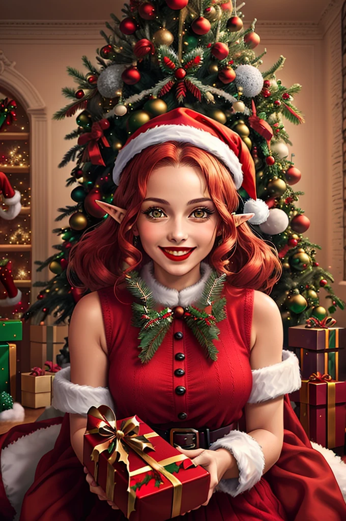 masterpiece portrait of a 30 y.o italian woman as elf holding a blue gift box, smiling, happiness, (imperfect skin:1.1), (lounge room decorated as christmas time:1.2), christmas tree, red hair, red lips, wearing a red christmas sweater, santa claus red hat, embedding:XmasScene.pt, best quality, seasonal colors,