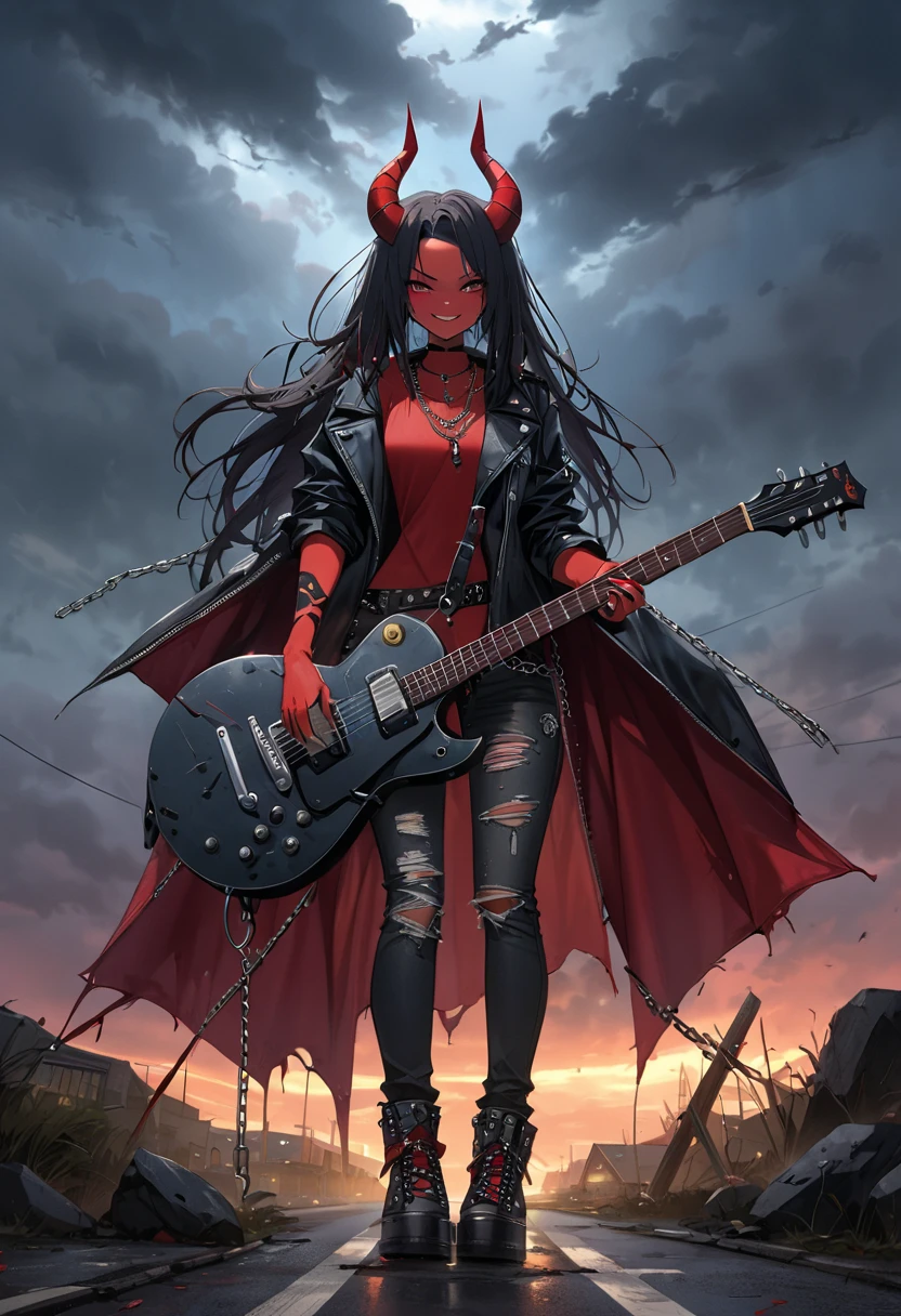 (masterpiece, best quality),A devil girl standing at a (quiet crossroads).crossroad, bright red skin,black hair, she has sharp demon horns. (beautiful face,nihil smile) ,bad smile. devilish vibes and rock style, and wears a black leather jacket and distressed jeans, silver chains and studded accessories,heavy boots, ((has vintage guitar)), (at crossroads), and a gloomy evening sky. mysterious and rough atmosphere.at crossroads.