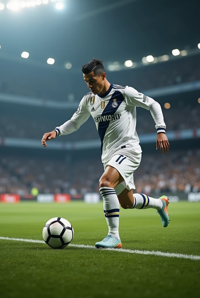 Bald Jair Bolsonaro with a beard playing soccer with the Real Madrid shirt kicking the ball
