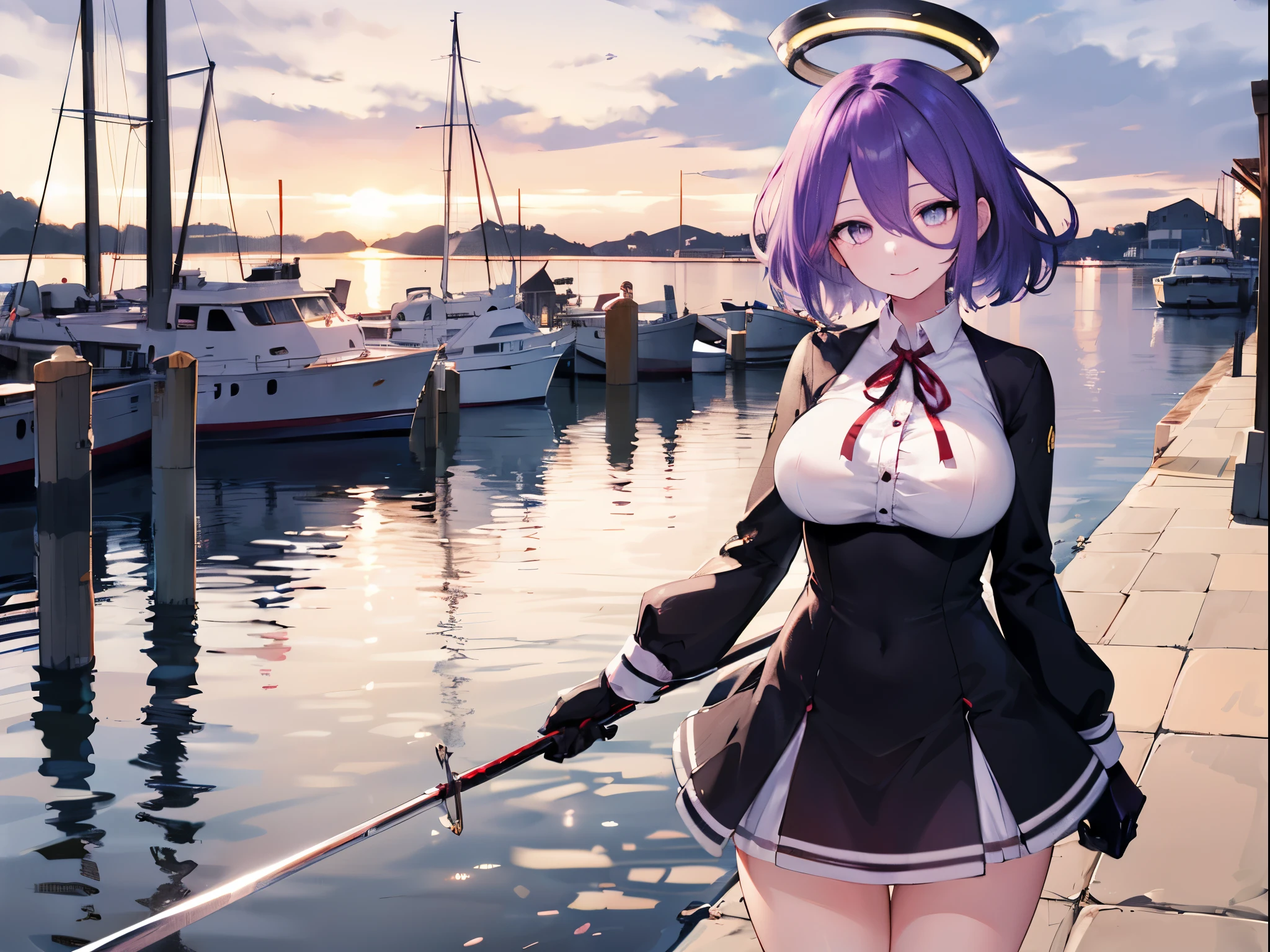 masterpiece, best quality, highres, mechanical halo, (big_breasts:1.2), black dress, neck ribbon, long sleeves, black gloves, outdoors, cowboy shot, standing, holding weapon, polearm,smile,,harbor_town_landscape,purple_halfeyes,(scornful eyes:1.4)