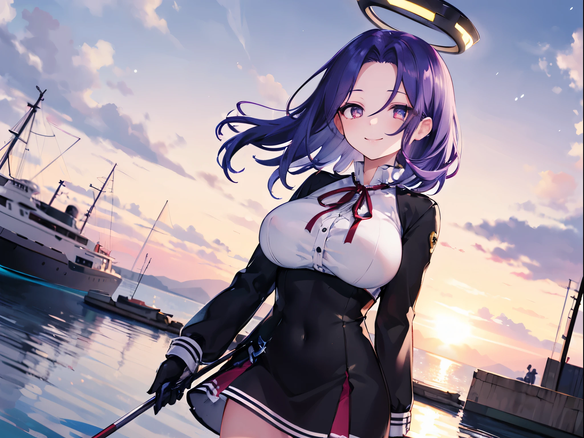 masterpiece, best quality, highres, mechanical halo, (big_breasts:1.2), black dress, neck ribbon, long sleeves, black gloves, outdoors, cowboy shot, standing, holding weapon, polearm,smile,,harbor_town_landscape,purple_halfeyes,(scornful eyes:1.4)