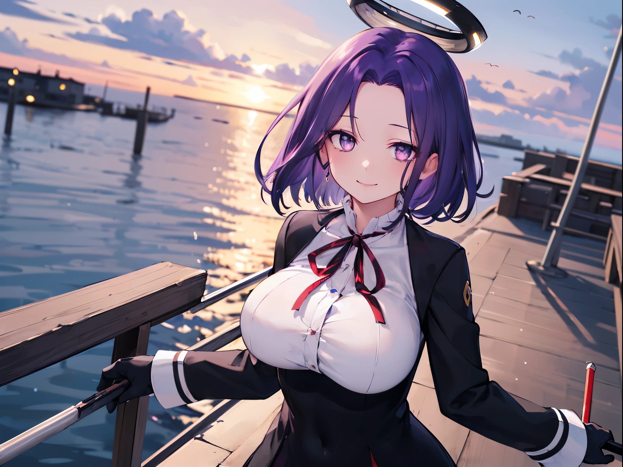 masterpiece, best quality, highres, mechanical halo, (big_breasts:1.2), black dress, neck ribbon, long sleeves, black gloves, outdoors, cowboy shot, standing, holding weapon, polearm,smile,,harbor_town_landscape,purple_halfeyes,(scornful eyes:1.4)