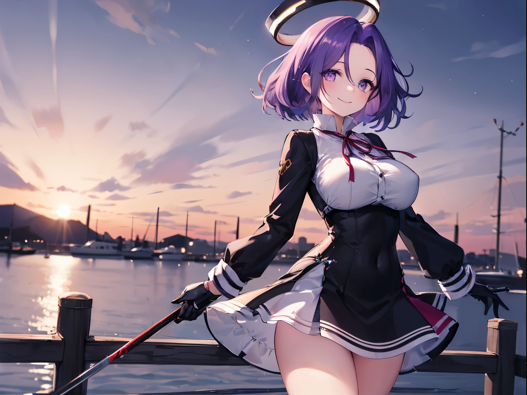 masterpiece, best quality, highres, mechanical halo, (big_breasts:1.2), black dress, neck ribbon, long sleeves, black gloves, outdoors, cowboy shot, standing, holding weapon, polearm,smile,,harbor_town_landscape,purple_halfeyes,(scornful eyes:1.4)