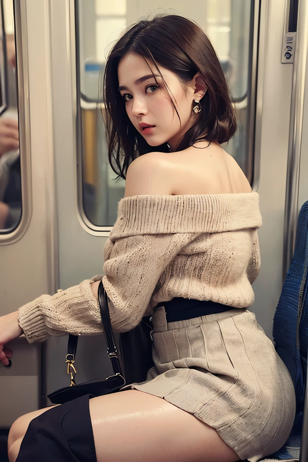 ((Realistic Sunlight, 8k, Top Quality, Masterpiece: 1.5, Best Quality, Illustration, Ultra-detailed, finely detail, high resolution, 8K Wallpaper, Perfect dynamic composition, Beautiful detailed eyes)), (off shoulder clothe with handbag:1.6), Natural Color Lip, (in the train station:2.0),24 years girl, shiny sweaty skin:1.4, ((beautiful detailed face and eyes:1.5)),((Highly detailed face and skin texture, Highly detailed lip texture, Beautiful detailed eyes, Raw Photo)), (Very Delicate and Cute Japanese Girl:1.5), (1 girl), Perfect Style, necklace, earrings, realistic shadows, (Emphasis beautiful sexy Legs:1.6),((sexy pose:1.6)), (close up:1.3)