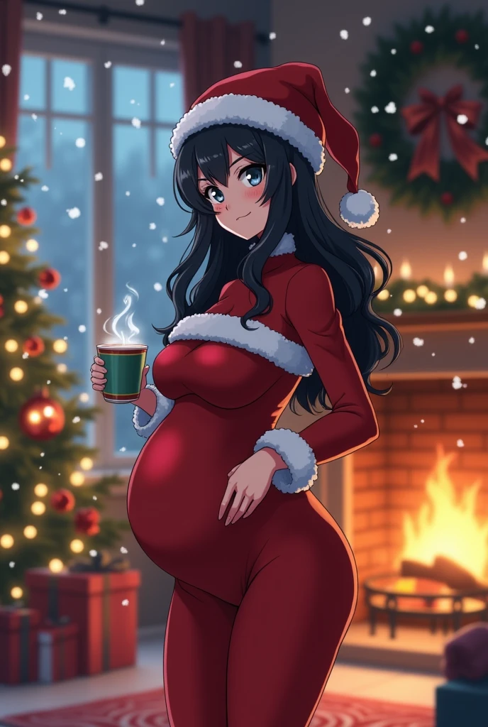 celestial lundenberg, fat, obese, pregnant, big belly, fat, black hair, drill hair, Christmas, wearing a sweater, table with food, fat