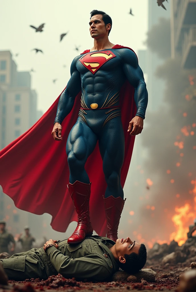 Image of muscular DC COMICS Superman, human body, human anatomy, holding a big dumbbell with his right hand, left hand closed, costume identical to that of DC COMICS, with cyborg details, showing full body, perfect face, perfect boots, laser beams coming out from your eyes, highly detailed, super definition, 8k, showing the statue of Christ the Redeemer in the city of Rio de Janeiro January in flames. Cinematic image.