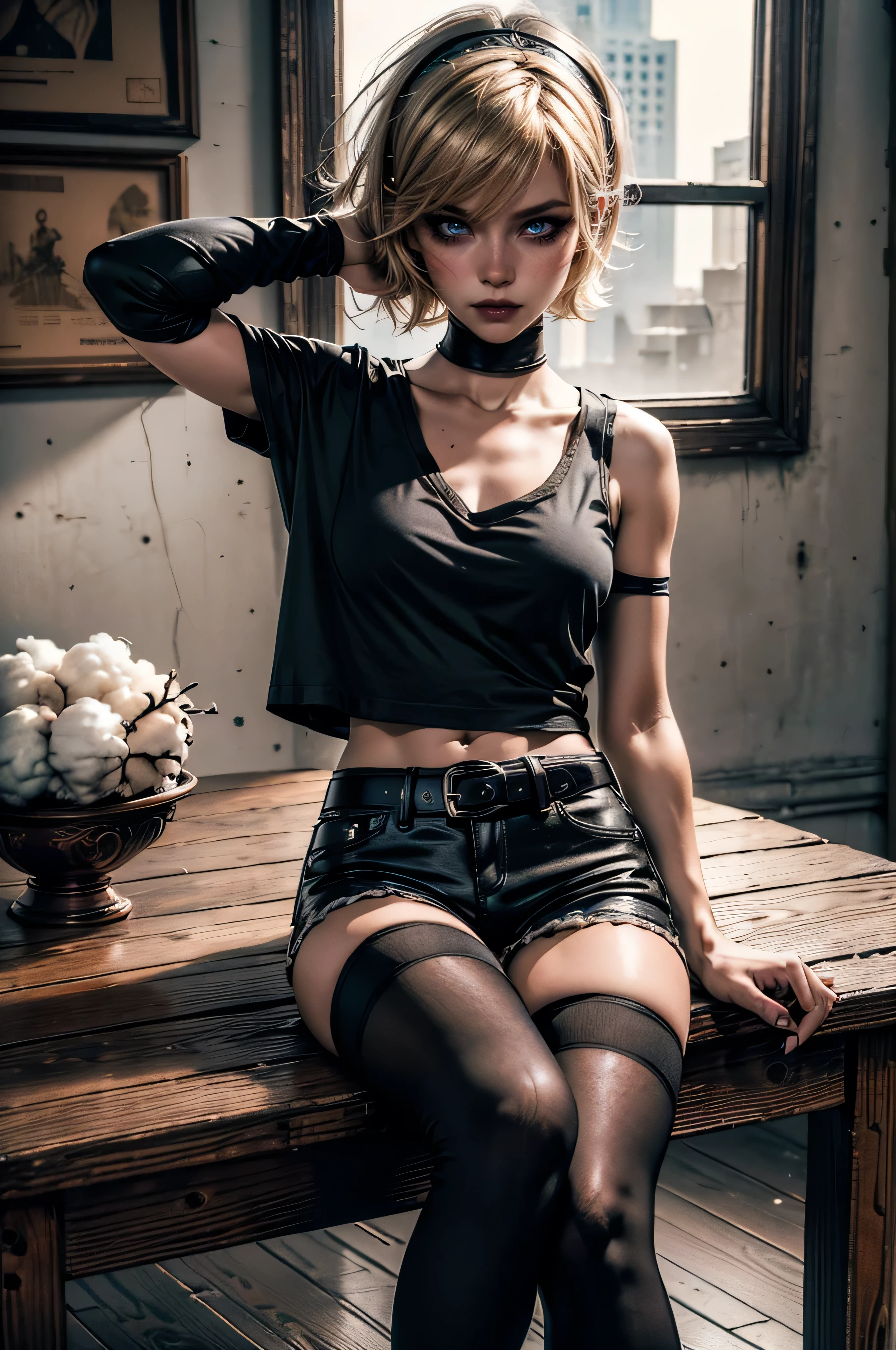 lora_Emma,1 girl, short blond hair, very skinny, tall, punk, small breast, leaning against wooden table, (leather micro hotpants), belt, (((oversized V-neck cotton t-shirt))), ((cotton knee-high socks)), plastic headband, (cotton lower arm sleeves), shy, tired expression, heavy makeup, intense eyeliner, very dark eyeshadow, black lipstick, ((dark colored clothing)), (best quality,4k,8k,highres,masterpiece:1.2),ultra-detailed,(realistic,photorealistic,photo-realistic:1.37),gloomy weather,hyperrealistic,vivid colors,detailed facial features,beautiful detailed eyes,beautiful detailed lips,extremely detailed eyes and face,long eyelashes,cinematic lighting,natural setting,detailed background, empty playground background