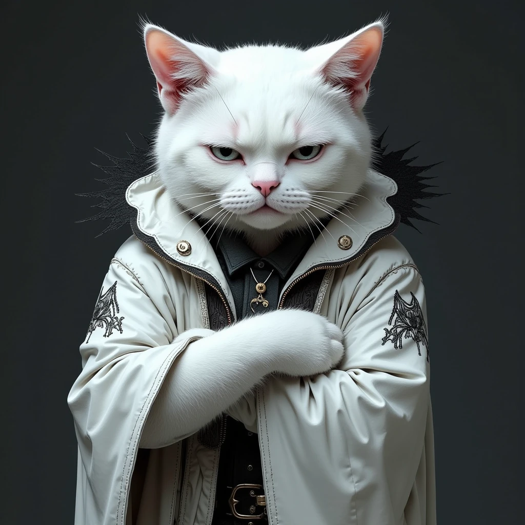 Photorealistic, K, a white cute, chubby cat with a gothic, Crossing their arms and glaring at me with a cool attitude.Draped in a white robe with Gothic patterns