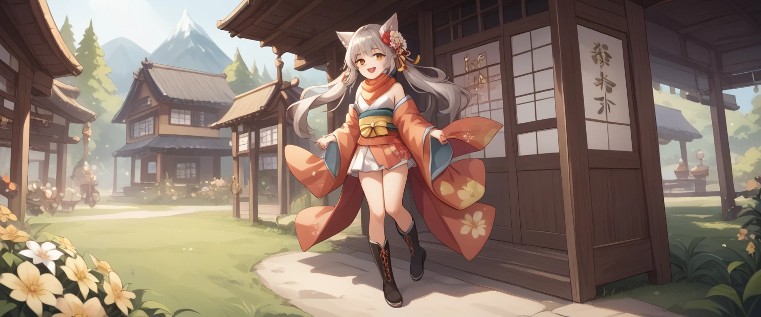 (masterpiece,  top quality), I'm looking at an old Japanese town ,  1 girl , chest, Fenris、Sex hot 、Wolf Girl、 pointed ears, arms, flower,  hair decoration ,  clevis,  hair flower ,  twin tails,  open mouth, smile,  skirt,  boots, , ((( Japanese Kimono、Short kimono))),  Looking, medium-chest, holding,  standing, Yellow Eyes, ribbon, holding-arms,  full body, belly button,  Brown Eyes , Gray Hair, Bare shoulders, Alone, bangs,  Long Grass Hair , gem,  scarf, hair-ribbon,  hair in front of me, ((short  skirt)) ((( Lots of Spectators )))