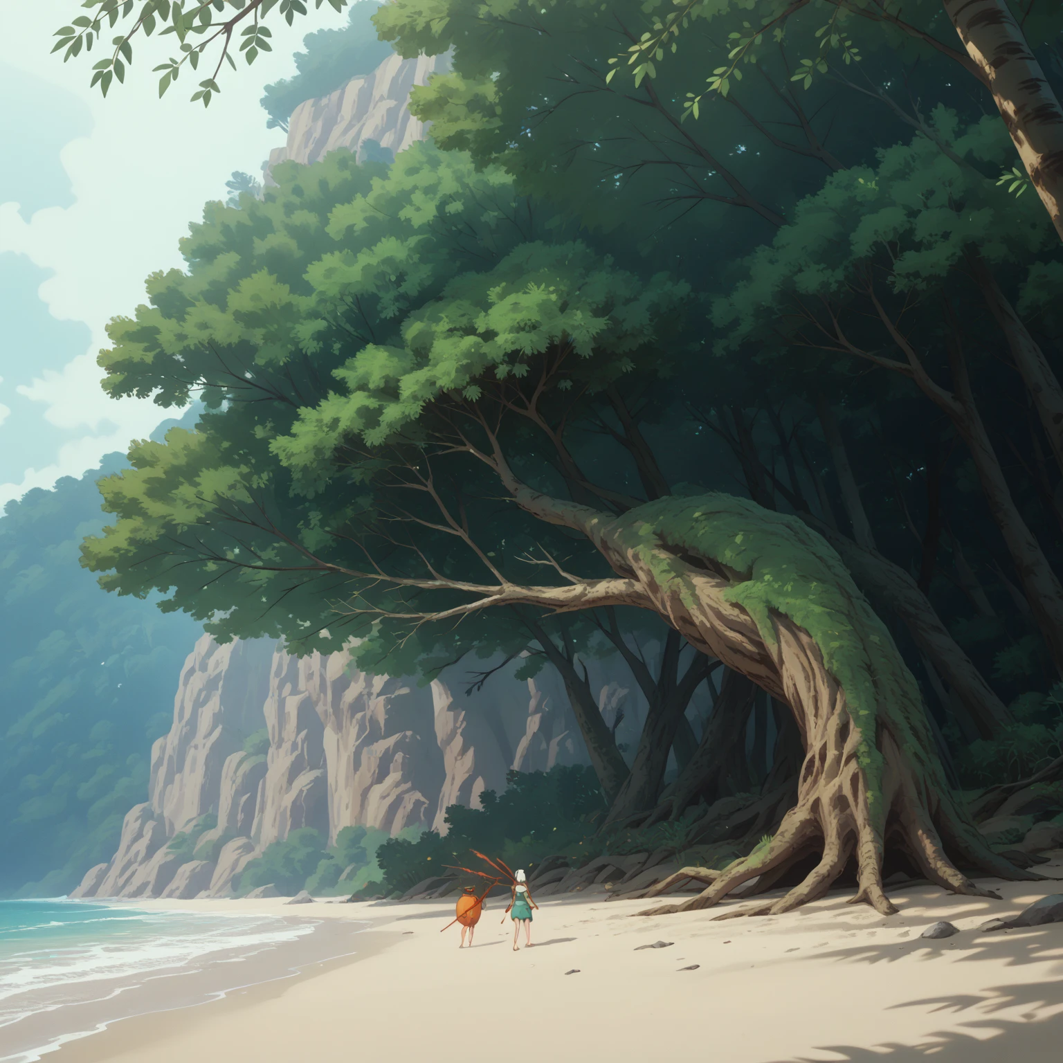 Beach, high altitude, fallen thick tree trunks, branches.Japanese animation style