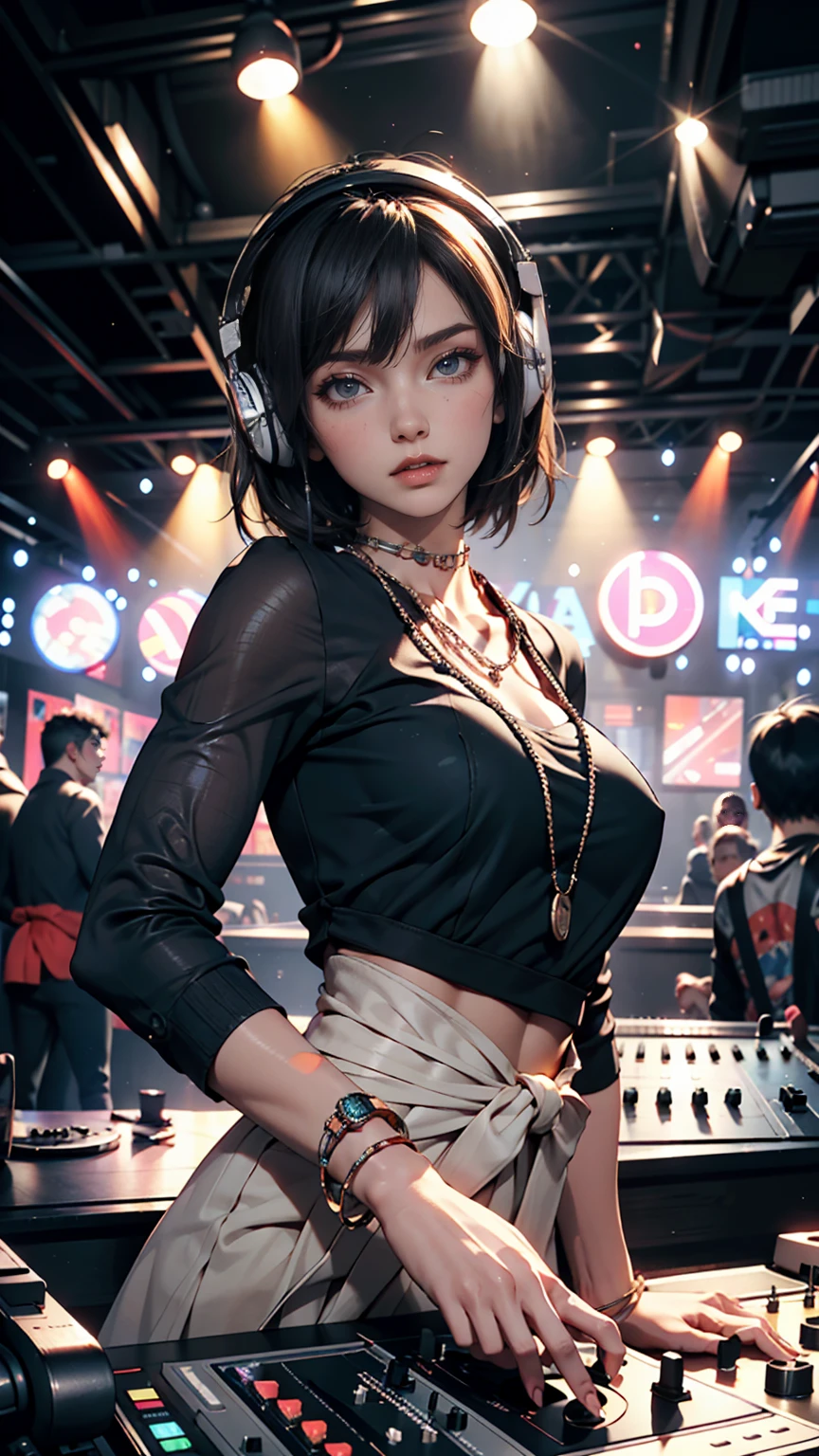 (RAW,, Nikon Z 14mm ultra-wide-angle lens, award-winning glamour photography, ((best quality)), ((masterpiece)), ((realistic)), skin pores, subsurface scattering, radiant light rays, high resolution, detailed facial features, high detail, sharp focus, smooth, aesthetic, extremely detailed, (extremely detailed eyes, extremely detailed iris), extremely detailed hair, extremely detailed skin, extremely detailed clothing, octane rendering, photorealistic, realistic, post-processing, maximum detail, realistic shadows, roughness, natural skin texture, real life, ultrarealistic, photorealism, photography, 8k UHD, photography, hdr, intricate, elegant, highly detailed, sharp focus, stunning, beautiful, beautiful), beautiful solo (1girl: 1.3), cute pop singer, melancholy, short hair, teary symmetrical blue eyes, black skirt, pleated skirt, black shirt, singing and playing guitar, headphones, holding plectrum, side up, cinematic, concert lighting, dynamic angle, beautiful detailed brightness, full body, cowboy shot, (high skin detailed, soothing tones: 1.25), hyper-detailed
