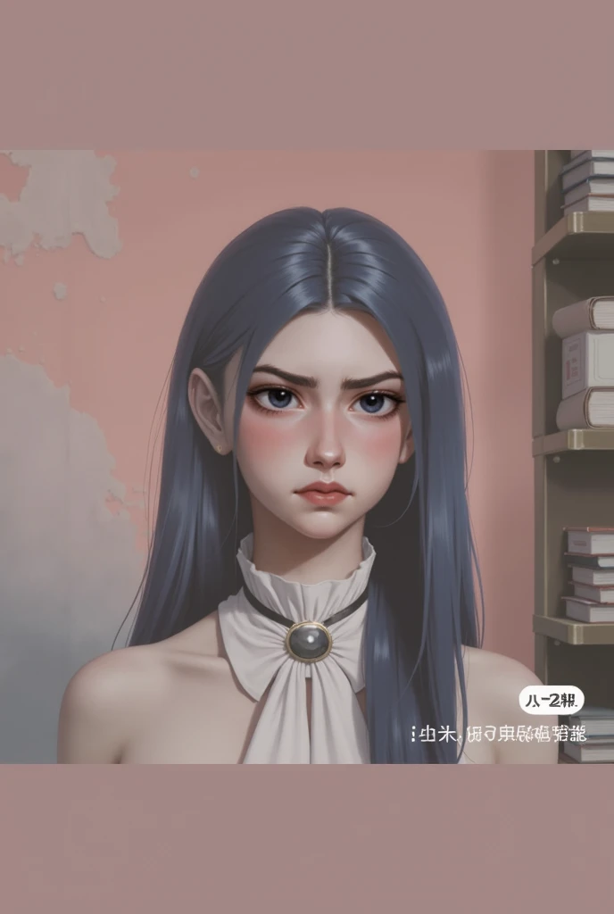 closed mouth,, arcane style, 1girl, solo, long hair, bangs, caityln, mature body, looking at viewer, (half-naked:1.3), letterboxed, book, closed mouth, blue eyes, (blush:1.5),(Color enhancement),(high saturation:1.5),shiny hair, blue hair, upper body, looking at viewer, shiny, white ascot, brooch, (beautiful), (masterpiece:1.2), 4K, high resolution, indoors, (realistic), perfect breasts, serious, angry <lora:arcaneStyleLora_offset:0.9>