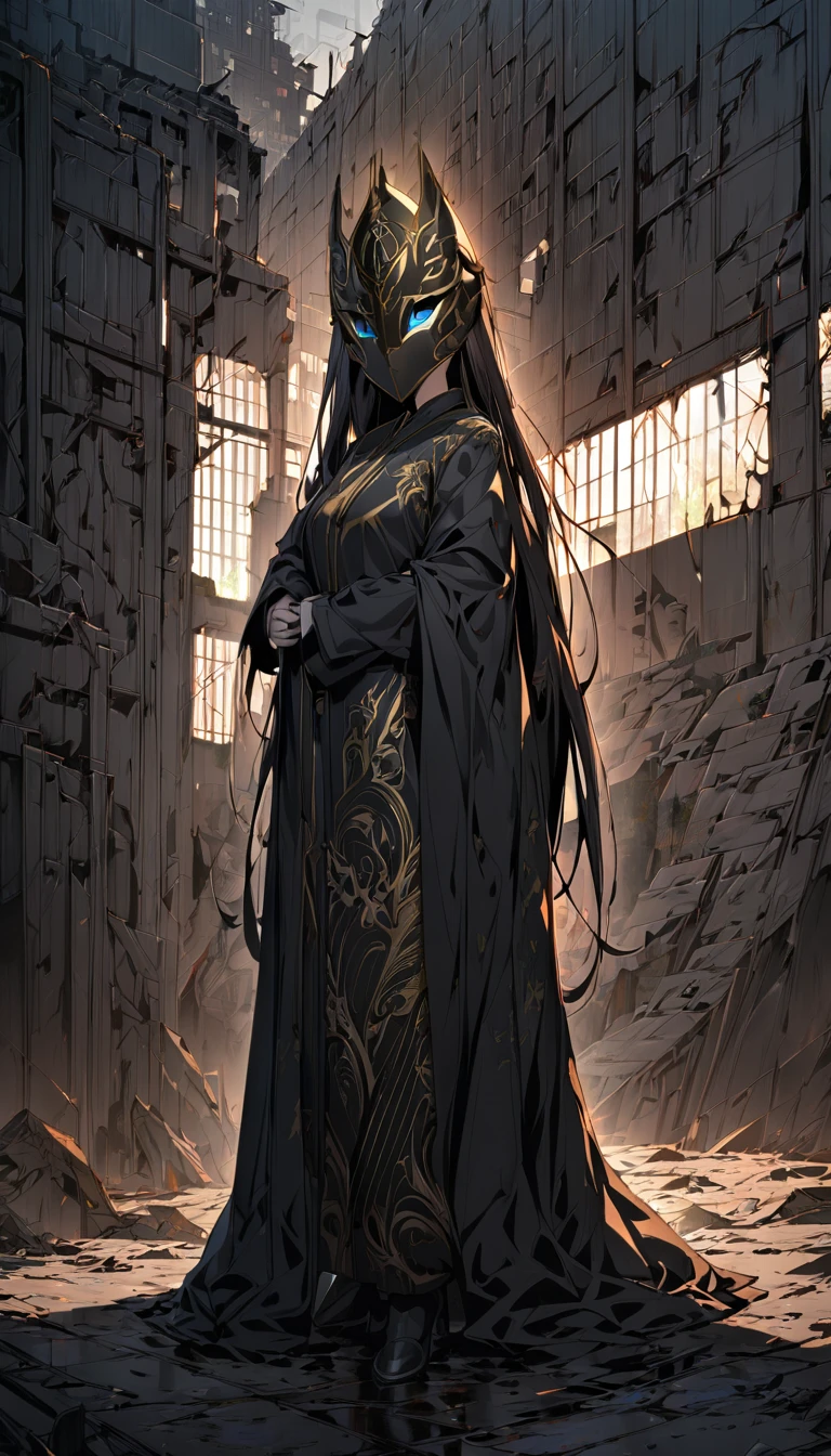 1girl, (shapely body), (solo), 19 years old,  hdr, suit, Hwa Ryun stands in the semi-darkness of a ruined building surrounded by opponents. Her black robe sticks to her body, as if taking on a shadow, and the golden patterns on her mask shine in the dim light. Sharp, elegant blades flash in her hands.