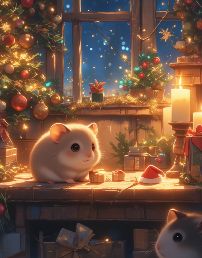 Engage your artistic senses to create a heartwarming Christmas scene featuring an impossibly cute hamster. Picture a cozy room dimly illuminated by the soft glow of candles. In the corner, a small hamster, with its fluffy fur and tiny pink nose, plays on a wooden table covered in festive decorations. The room is adorned with Christmas decor, including a miniature Christmas tree sparkling with tiny ornaments, strings of colorful lights twinkling around a window, and golden tinsel draped across the furniture. The hamster, with its big expressive eyes, eagerly sniffs at a tiny Santa hat placed next to a minuscule wrapped gift. A gentle snowfall can be seen through the frosted window, adding a tranquil winter backdrop to the scene. The atmosphere is warm and inviting, evoking a sense of nostalgia and joy, characteristic of a classic Christmas night. Aim to capture the essence of this festive charm in detail, focusing on the interplay of candlelight shadows, the intricate patterns on the tree ornaments, and the soft, plush fur of the hamster as the centerpiece of this enchanting scene.