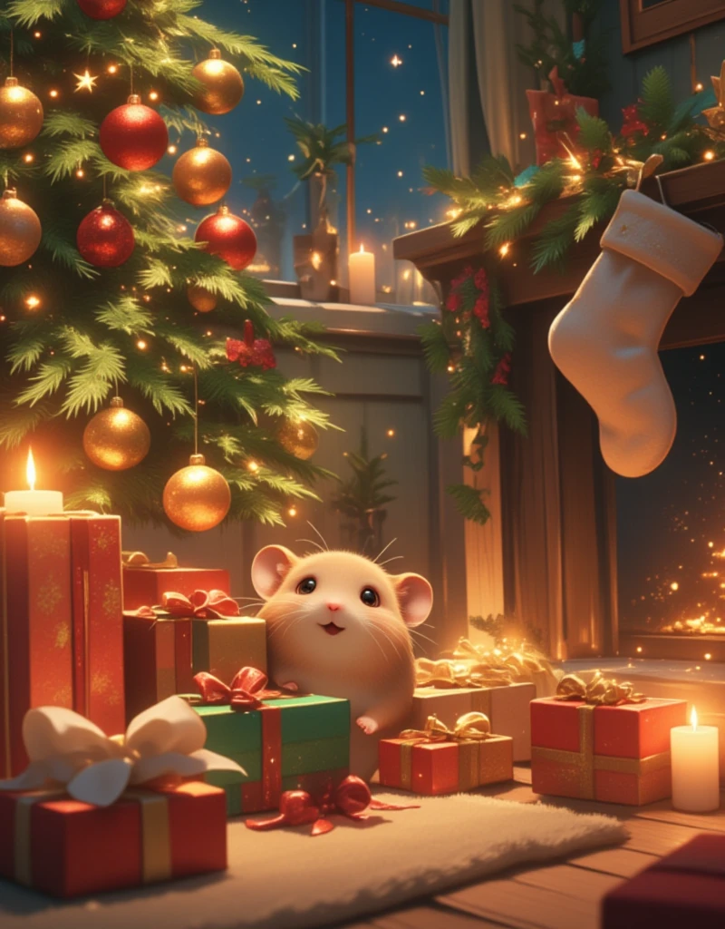 Create a scene steeped in holiday cheer, where the adorable hamster is the star. Imagine a room bathed in the gentle, flickering light of candles scattered delicately around. At the forefront, an irresistibly cute hamster sits proudly beside a beautifully decorated Christmas tree. The tree is adorned with glittering ornaments in reds and golds, soft twinkling LED lights, and a shimmering star at the top. Around the tree's base lie tiny presents wrapped in vibrant red and green paper, some topped with bows as tiny as the hamster’s paw. Nearby, a small plush stocking is hung with care, containing little treasures for our furry friend. The hamster, with its glossy, beady eyes and twitching whiskers, investigates the presents, its whiskers quivering with curiosity. The room breathes an aura of comfort and celebration, with every element from the decoration to the warm, ambient lighting contributing to a picturesque holiday tableau. Detail the intricacies of the ornaments, the sheen of the wrapping paper, and the soft glow of candles reflecting off surfaces, all unified by the endearing presence of the hamster.