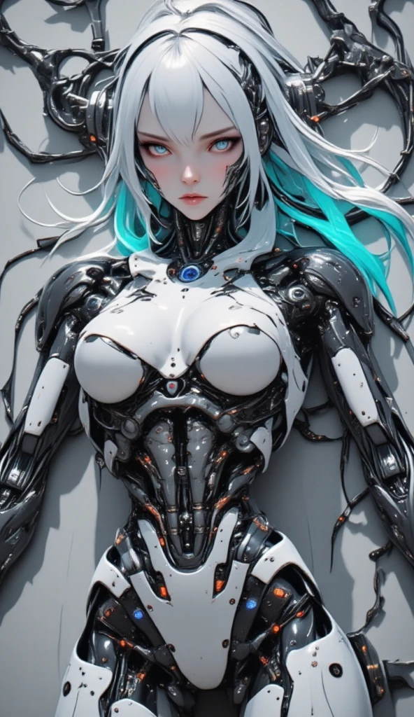 a Korean cyborg .
 Crystal gray eyes , robotic lashes ,  exposed mechanical parts .
 Shimmering white skin . 
Robotic body, com  exposed mechanical parts . 
 is lying down looking angry .
 full body .
 Simple gray background .
 Plump and voluminous silver-colored lips.
 Neon colored hair , obfuscating. 
 Sharp metallic teeth .
32K, HDR, UHD. 