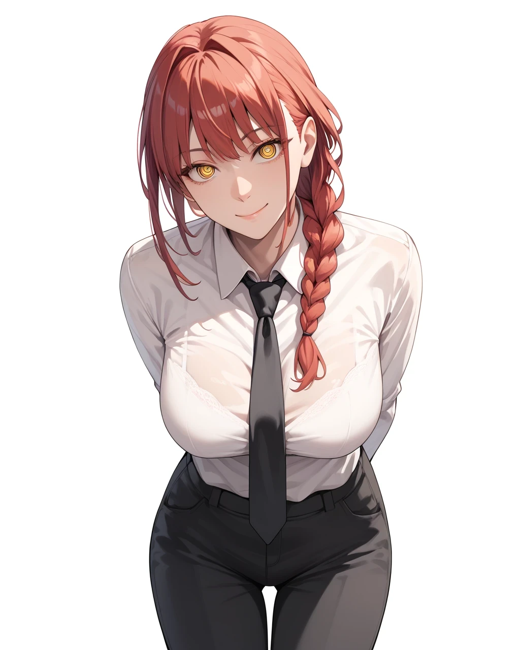 1girl, solo, long hair, breasts, looking at viewer, smile, bangs, large breasts, simple background, shirt, long sleeves, white background, closed mouth, yellow eyes, white shirt, braid, sidelocks, red hair, necktie, collared shirt, pants, leaning forward, arms behind back, black pants, formal, black necktie, braided ponytail, ringed eyes
,  masterpiece, best quality