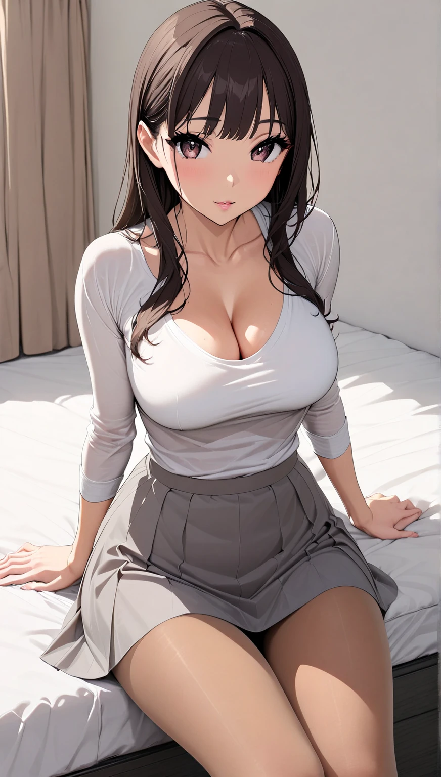 masterpiece, high resolution, beautiful woman, Japan beauty, 30 years old, beautiful woman, (high resolution eyes), (cute eyes), bangs, dark hair, long hair, brown eyes, cute eyes, medium breast, tight white tee shirt, cleavage,  long sleeves, beige pantyhose, pantyhose, grey skirt, bedroom, sit on bed