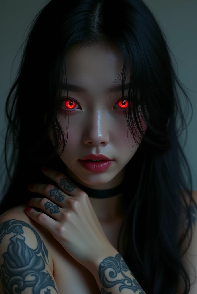 Create a cover for a book, that shows a dark room, and a young woman with Asian features, beautiful and mesmerizing look surrounded by black shadows with bright red eyes