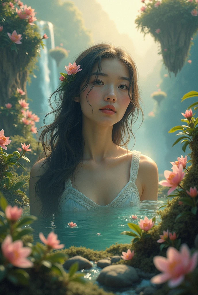 there is a woman that is standing in the water with flowers, flowers and waterfalls, beautiful digital artwork, flower goddess, bathing in a waterfall, surreal waiizi flowers, asian female water elemental, with frozen flowers around her, nymph in the water, goddess of nature, beautiful artwork, stream of love and happiness, 🌺 cgsociety, very beautiful photo