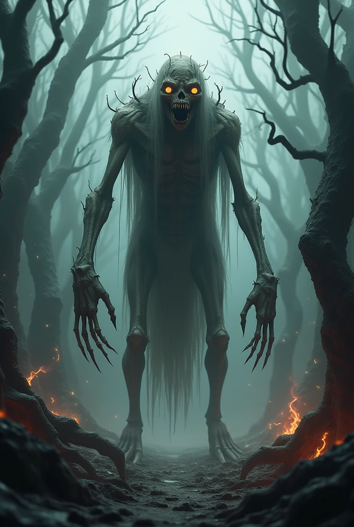 ral-mythcr, wendigo, mythical creature, a photorealistic image of a Wendigo in a haunting, wintry forest setting, the Wendigo a creature from Native American folklore <lora:ral-mythcr-sdxl:1>