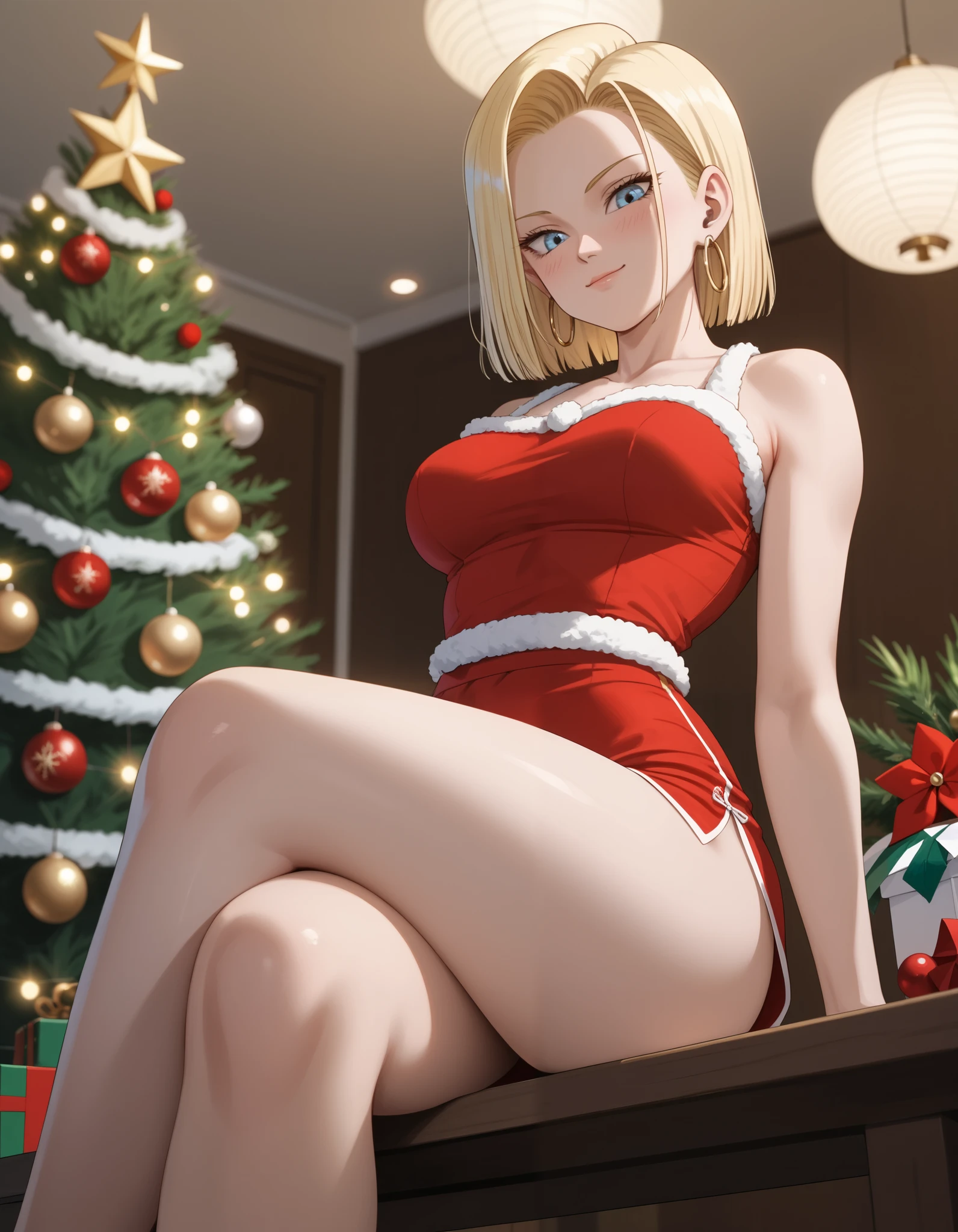 sysdeep_android18, android 18, blonde hair, blue eyes, eyelashes, hoop earrings, short hair, earrings, detailed coloring, anime style, detailed high quality, chromatic aberrations, ultra detailed quality skin, detailed ray tracing lighting,, masterpiece、 best quality、masterpiece, high definition , 8K quality, perfect face, solo, 1 girl, beautiful face, beautiful detailed eyes, Alone, cute face、nose blush, red cheek, large butt, looking at viewer, wearing a smug expression, looking down, (from below), cleavage, closed mouth, standing, hair slicked back, collarbone, Staring at the viewer, (Christmas costume, Cheongsam, mini skirt,), ass line, sitting on table, crossed legs, arm behind head, sexy pose, sensual expression, sensual pose, blurry background, covered nipples, festive decorations, twinkling lights, decorated Christmas tree, cozy indoor setting, warm color tones,