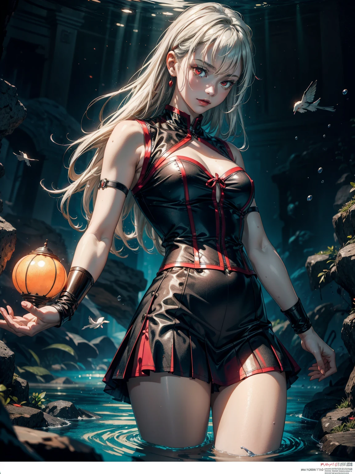 (High Detail:1.2) Anime girl, (Best quality, Detailed), Top quality, high resolution, perfect human structure, 1girl, (solo), medium loose hair, white hair, (red eyes), serious, gravelly:1.3, dark:1.2, fair skin, black vest, little black skirt, black stripe on arm, beautiful, medium breasts, dark look, dynamic pose, underwater, (8k, vibrant colors, digital art, concept art)