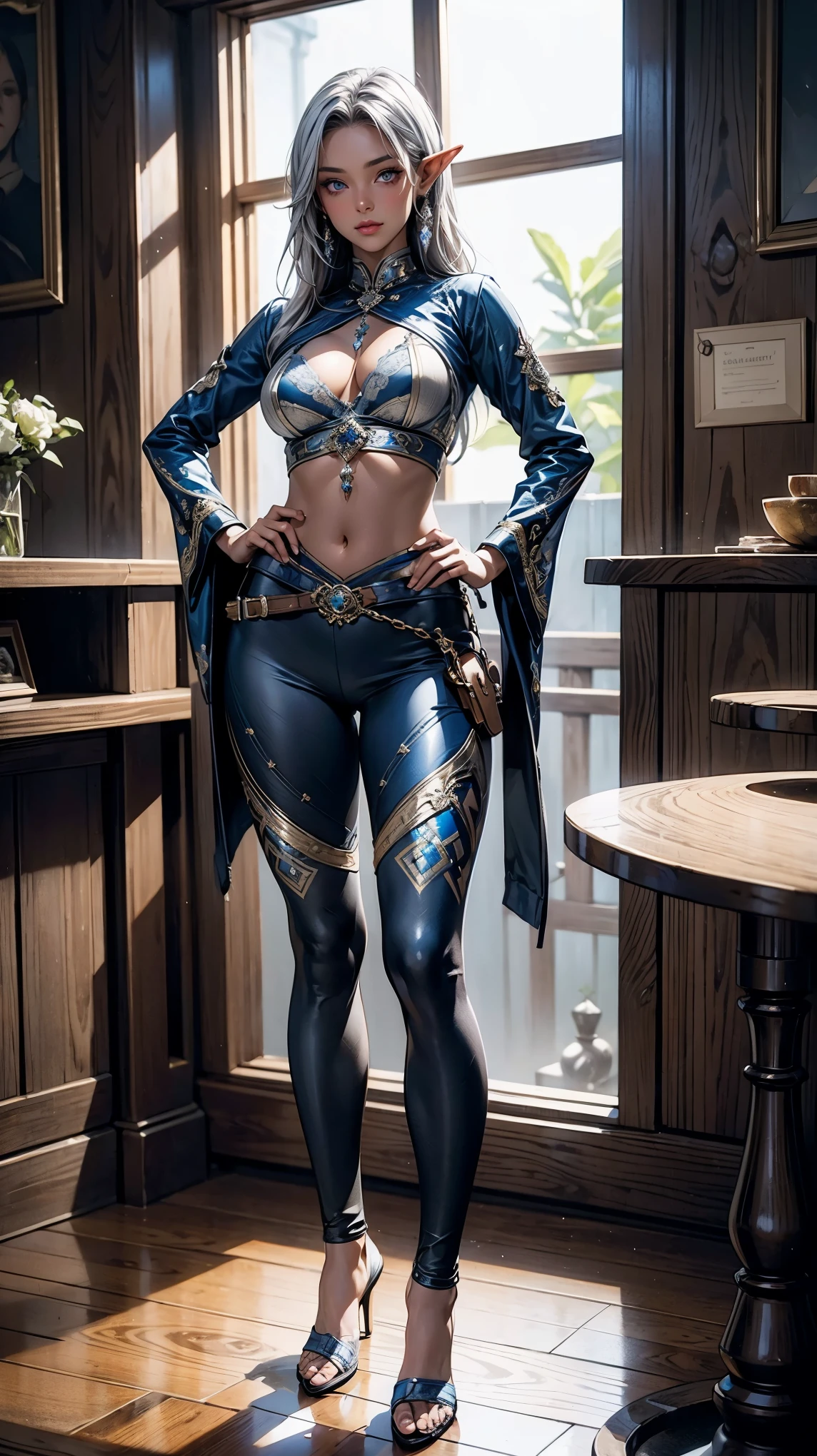 Sensual 24 years old female, (dark-elf), (((dark skin, dark skin, dark skin))), silver hair, purple eyes, ultra short hair, (sexy top with intricate beautiful patterns, royal blue , silver, underboobs:0.8), ((sexy top)), BREAK I can see my belly button, ((Wear low rise royal blue leggings with intricate beautiful silver color patterns, leggings:1.1, knife holster)), Wear lather shoes , (Place your hands on your hips, she has been captured audience attention, ), ((extremely description, guild house, adventures , guild , fantasy story , people:1.3)), (((absolutely detailed beautiful face, sexy face, ((extremely detailed, full body)),)))