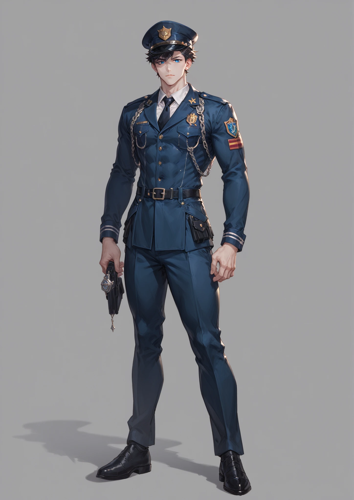 Man tall athletic short hair black hair blue eyes dressed in black officer uniform emotionless face icy gaze full length 