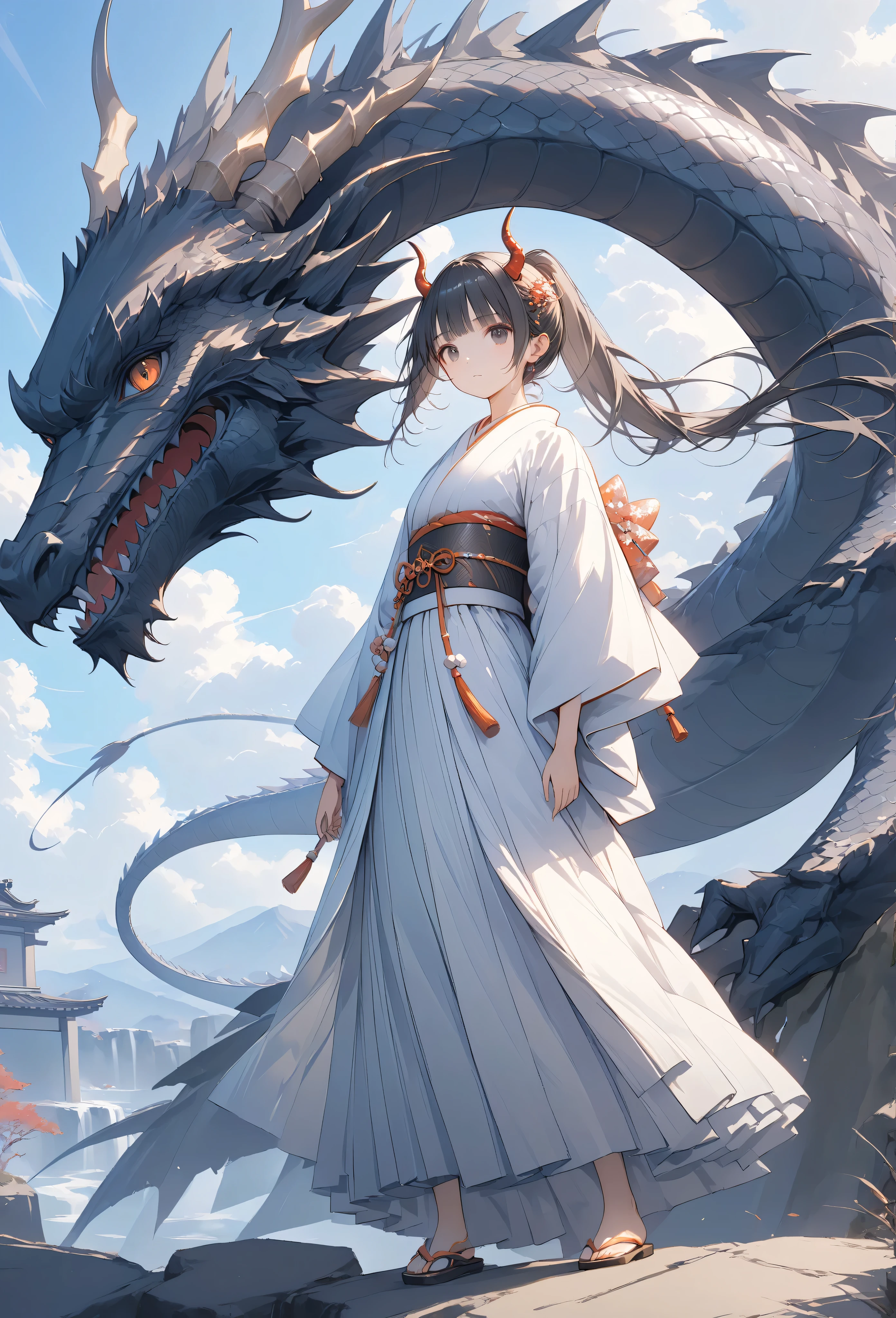 masterpiece, high quality, high resolution, 16K, highly detailed background, digital painting, unreal engine, Makoto Shinkai illustration, hyperrealistic, fantasy, petite girl in kimono, dragon horns, some skin with dragon scales, long eyelashes, beautiful face beautiful skin, full body, black ponytail, two-tone hair, black eyes, white Kimono, finely drawn ancient black giant dragon threatening, guarding behind girl, on cliff, cinematic angle