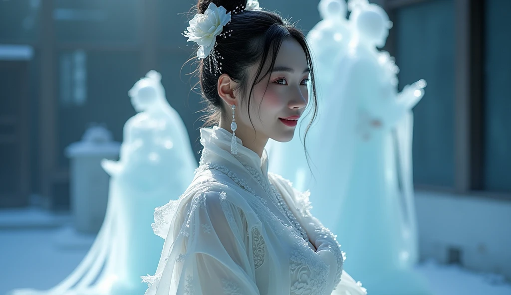 (((masterpiece))), best quality, illustration, 4k wallpaper, light, absurd, 1 girl,(snow,ice), snow花, In winter, white hair, Shiny hair, curls, Transparent clothes, decorate, Lace, Wet clothes, away_Shoulder, Headband,masterpiece, telephoto lens, absurd, Exquisite facial features,Record,Poster composition,strike an elegant pose,,Natural light,Soft Light,(Seven-part combination) ,epic,Fantastic and magical,mystery,Cleavage,exposed