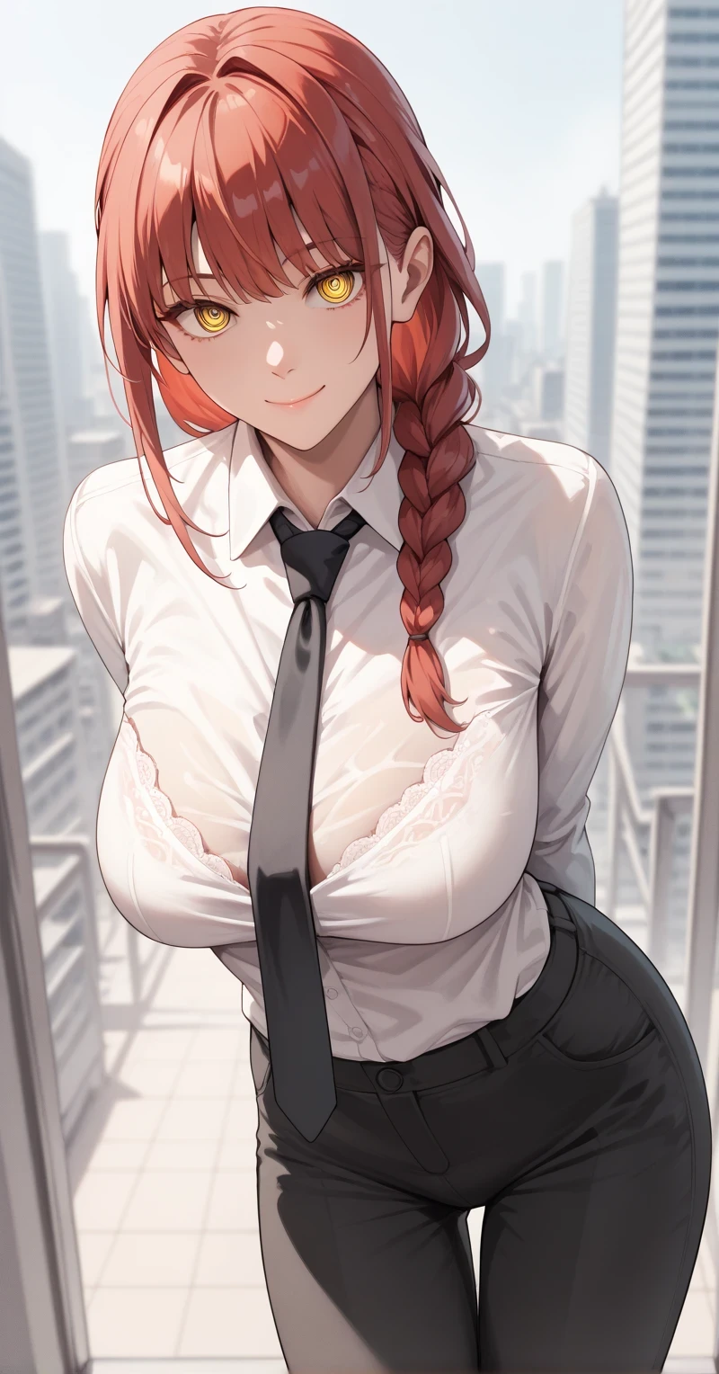 1girl, solo, long hair, breasts, looking at viewer, smile, bangs, large breasts shirt, long sleeves, white background, closed mouth, yellow eyes, white shirt, braid, sidelocks, red hair, necktie, collared shirt, pants, leaning forward, arms behind back, black pants, formal, black necktie, braided ponytail, ringed eyes
,  masterpiece, best quality, city backgrounds, blurry backgrounds 