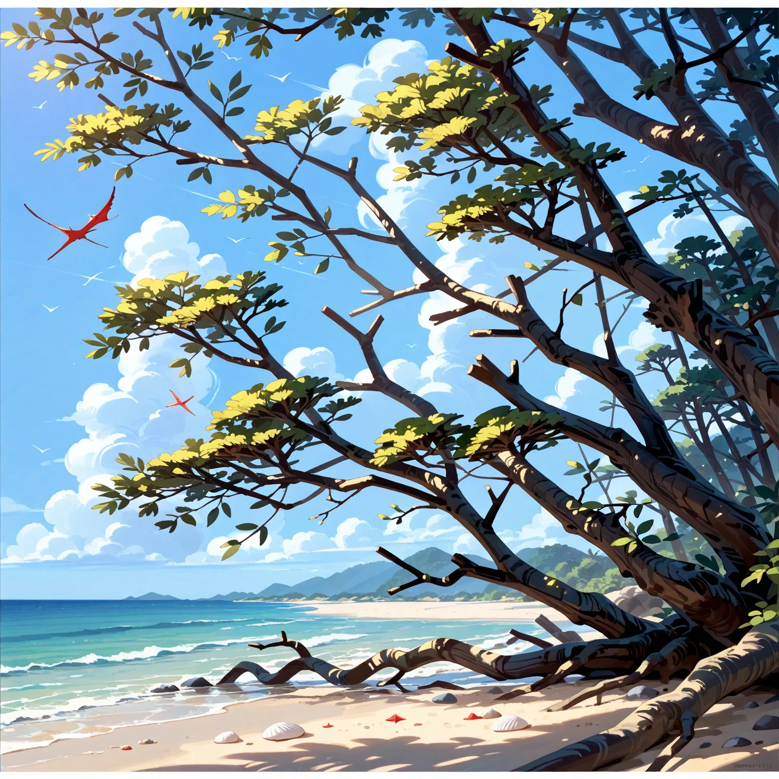 Beach, high altitude, fallen thick tree trunks, branches.Japanese animation style