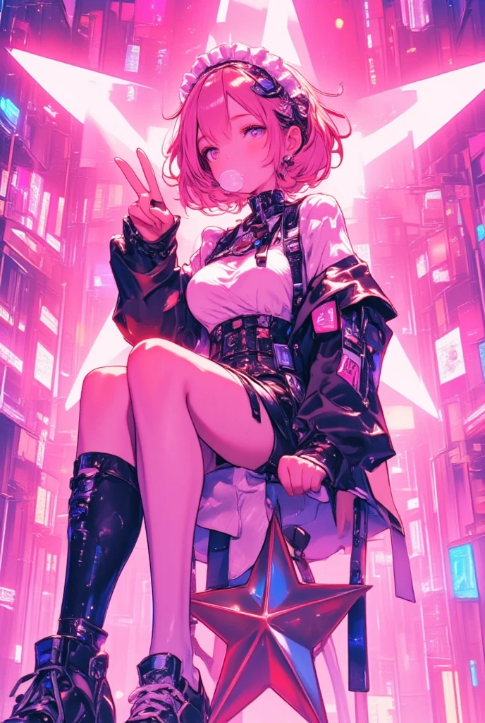 Masterpiece, Best quality, Night, full_Moon, Cityscape, In the cyberpunk city, Real, Huge_filesize, the wallpaper, Girl, Medium hair, Pink hair, Wavy hair, view the viewer, aqua eyes, Small breasts, serafuku, sailor suite, White pantyhose, Earrings, jewelry, pendant, All_all  fours, Undressing,
