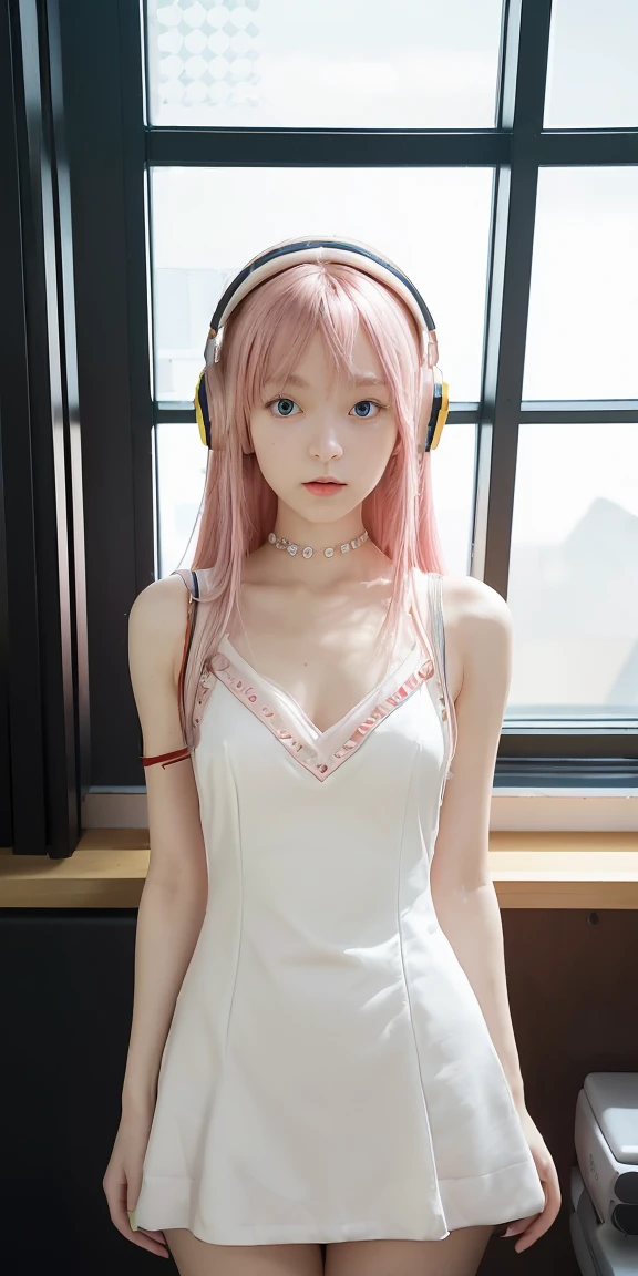 uma garota de 18 anos com fones de ouvido e uma blusa rosa, Streamer do Twitch, Estilo anime 4k, ig studios estilo anime, cabelo rosa longo e alto, e magro